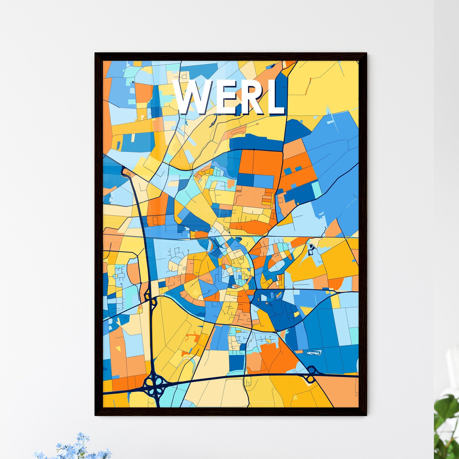 WERL GERMANY Vibrant Colorful Art Map Poster Blue Orange