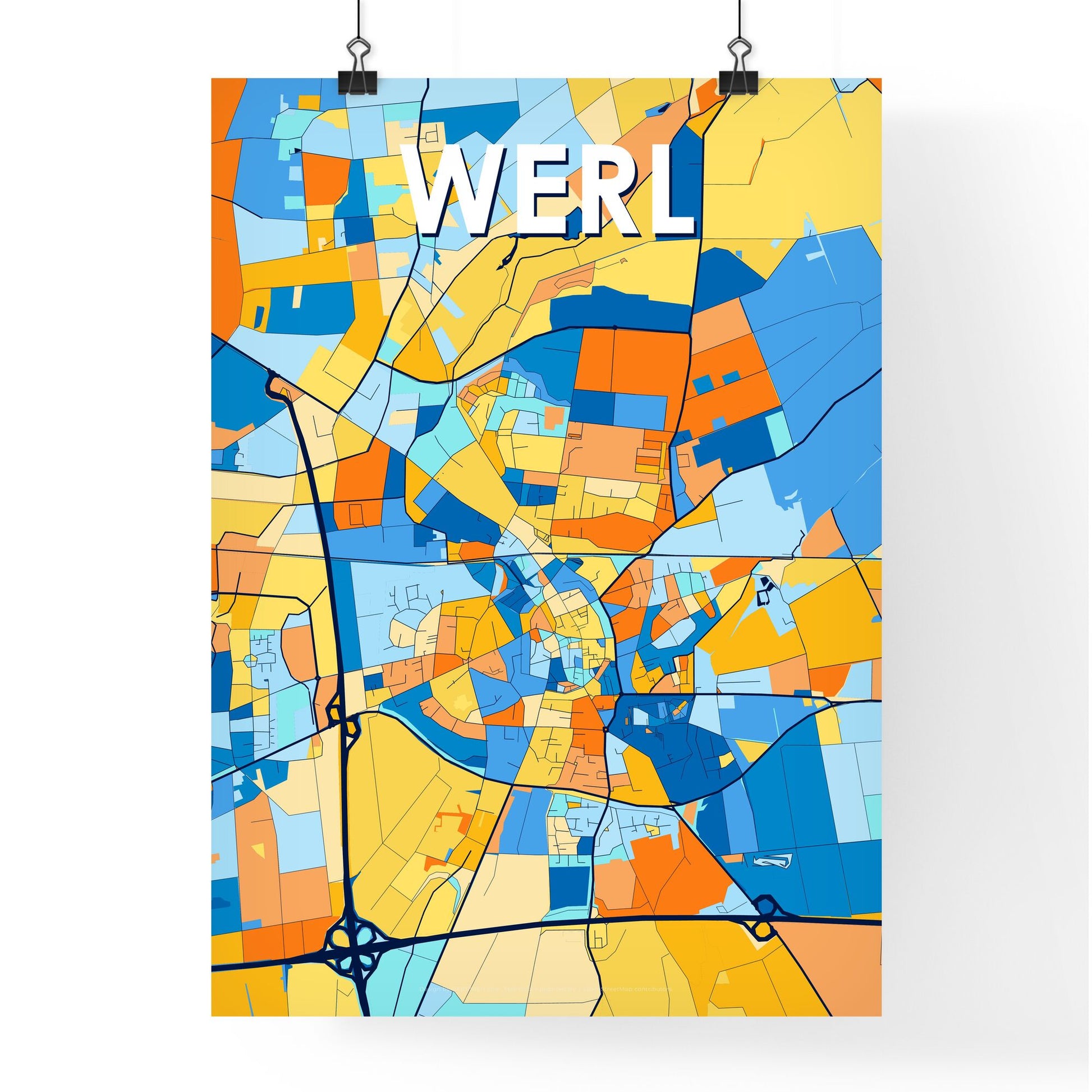 WERL GERMANY Vibrant Colorful Art Map Poster Blue Orange