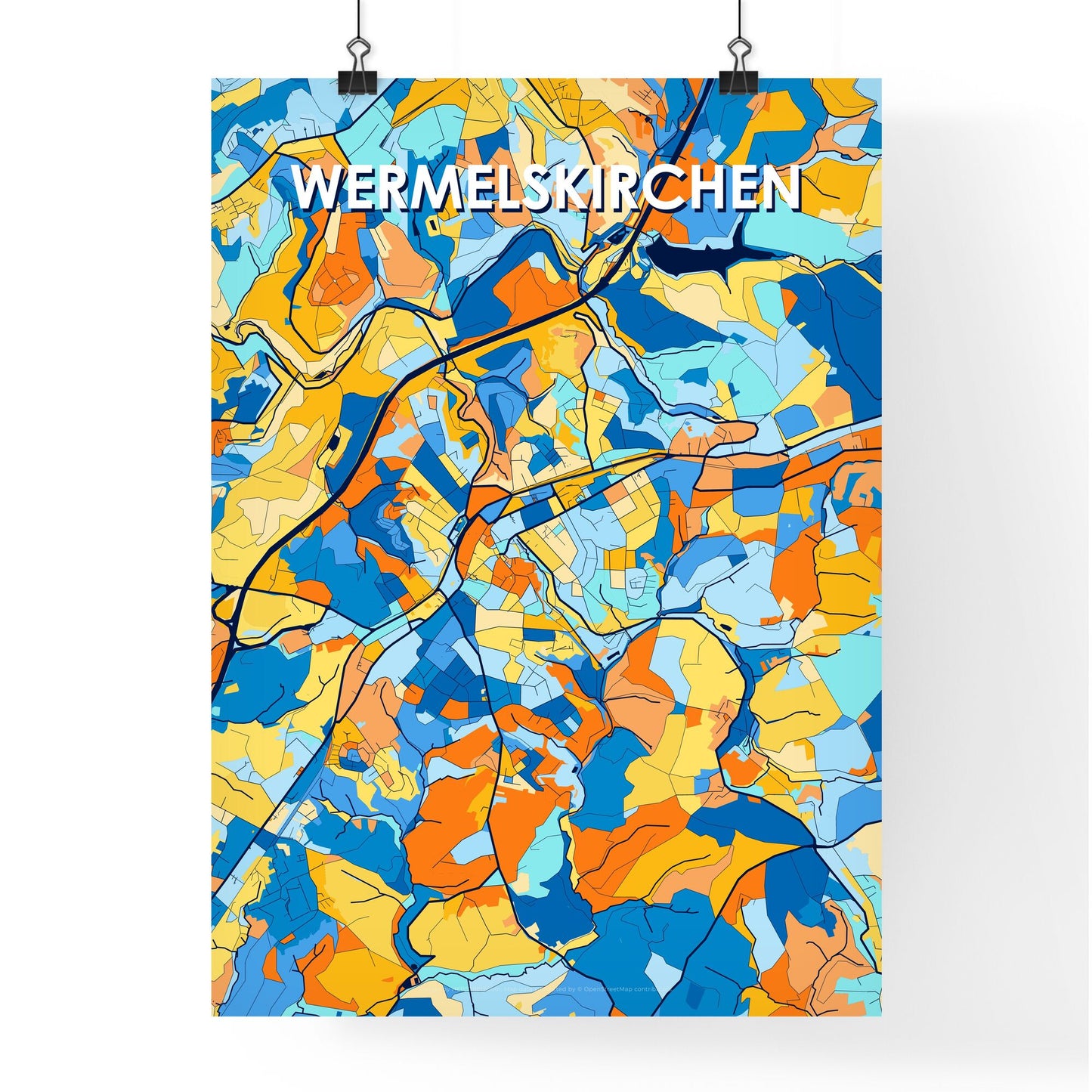 WERMELSKIRCHEN GERMANY Vibrant Colorful Art Map Poster Blue Orange