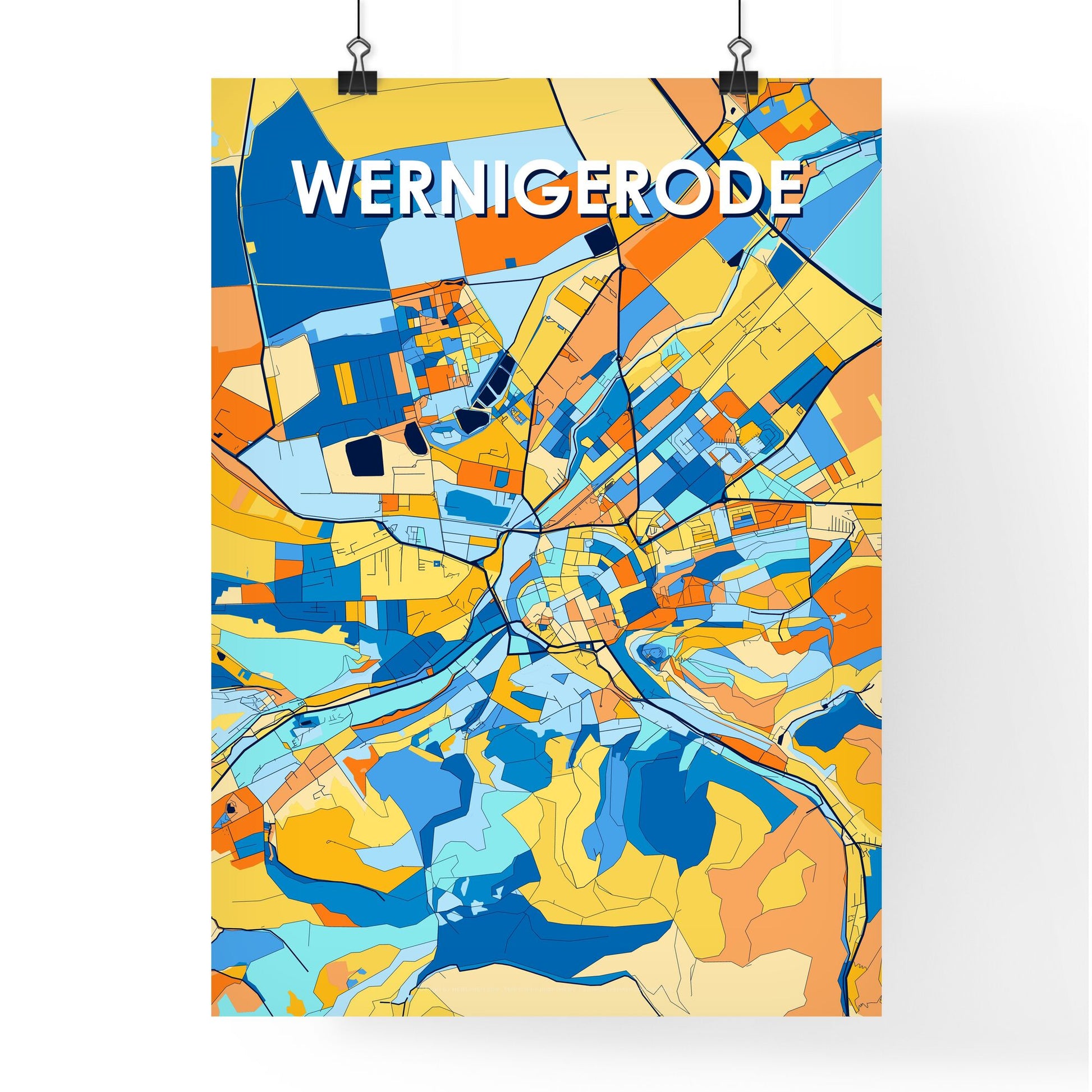 WERNIGERODE GERMANY Vibrant Colorful Art Map Poster Blue Orange