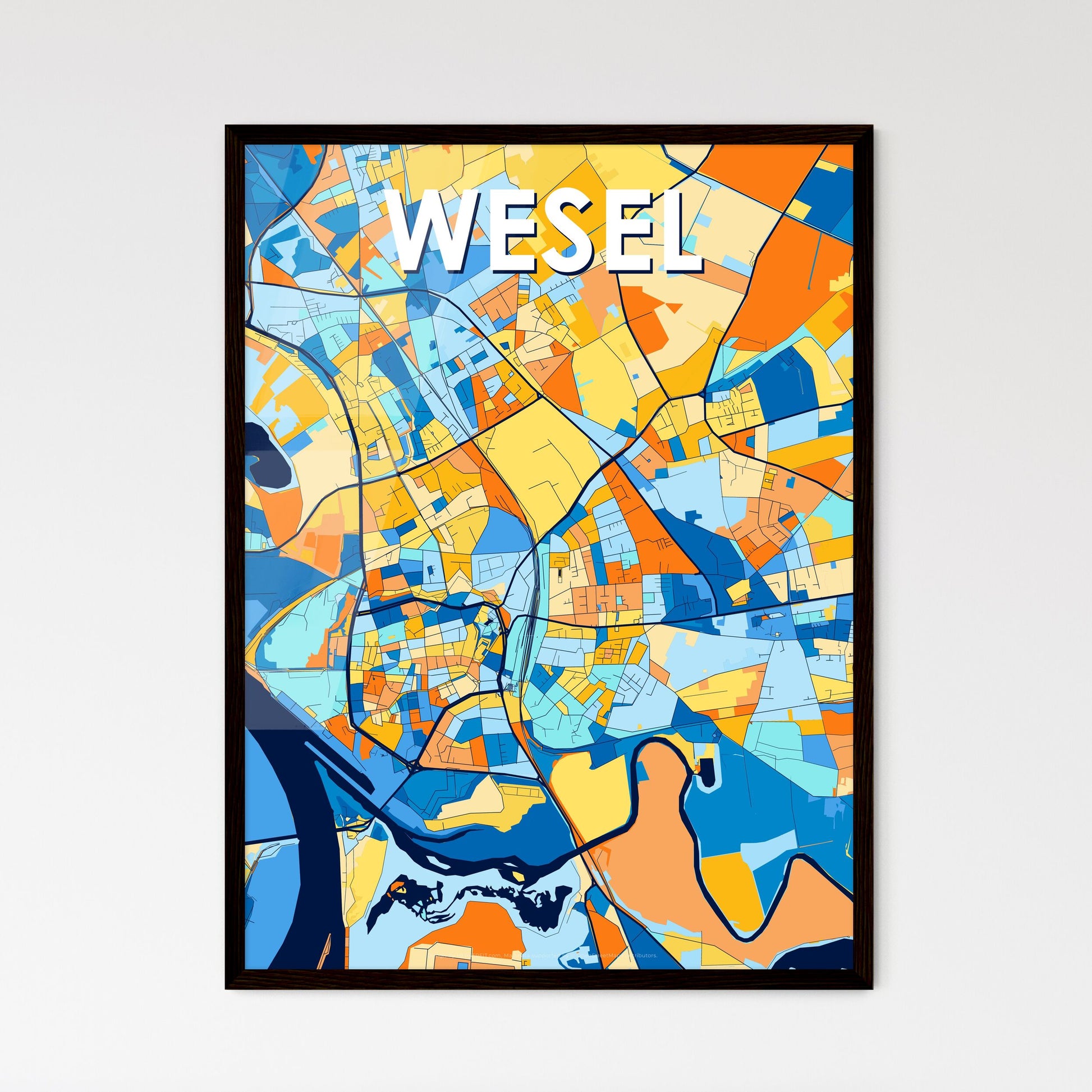 WESEL GERMANY Vibrant Colorful Art Map Poster Blue Orange