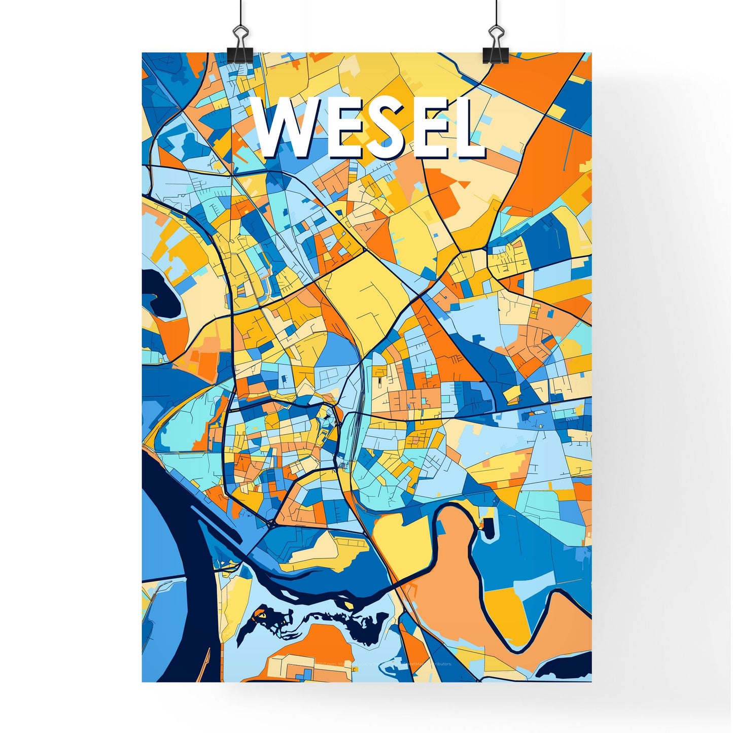 WESEL GERMANY Vibrant Colorful Art Map Poster Blue Orange