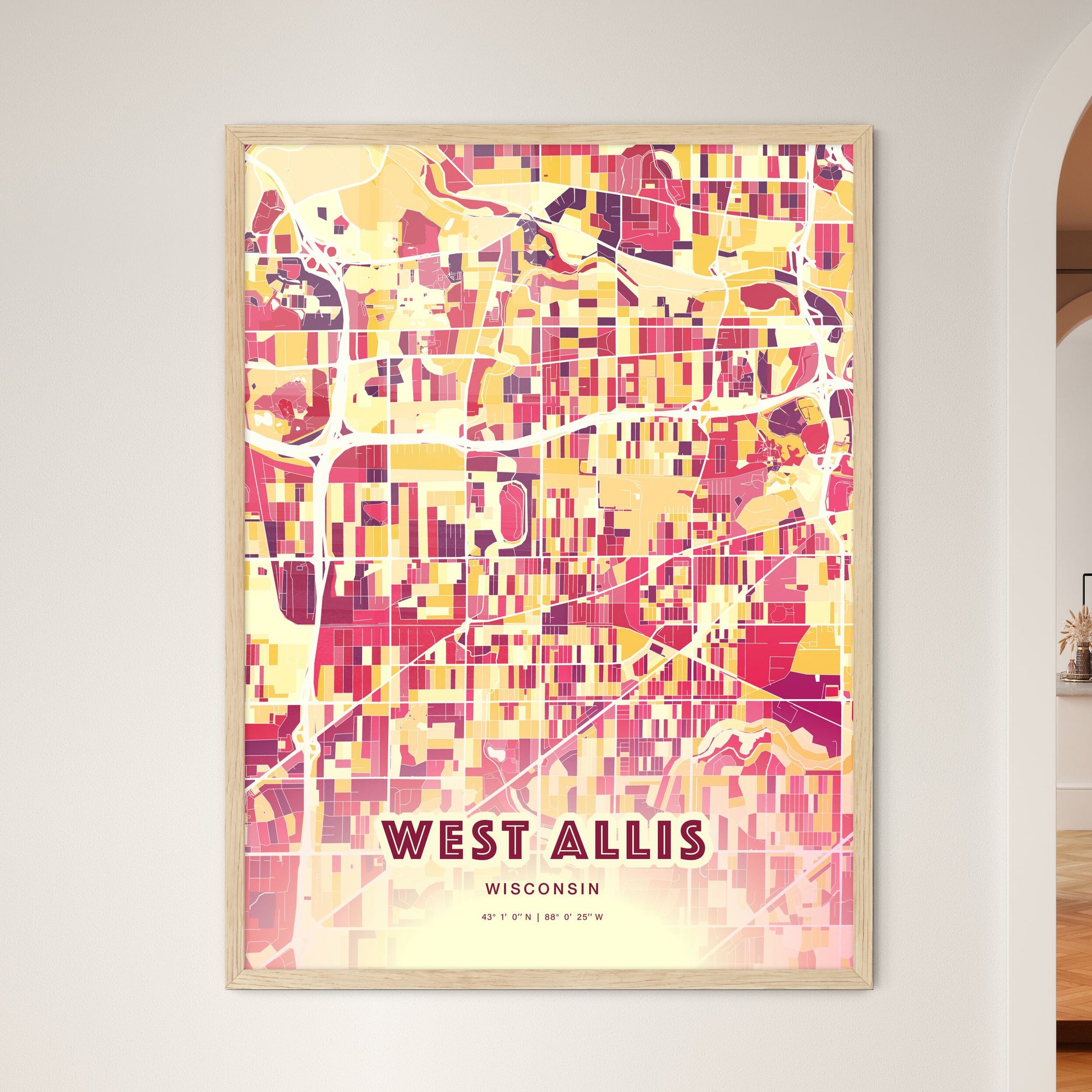 Colorful West Allis Wisconsin Fine Art Map Hot Red