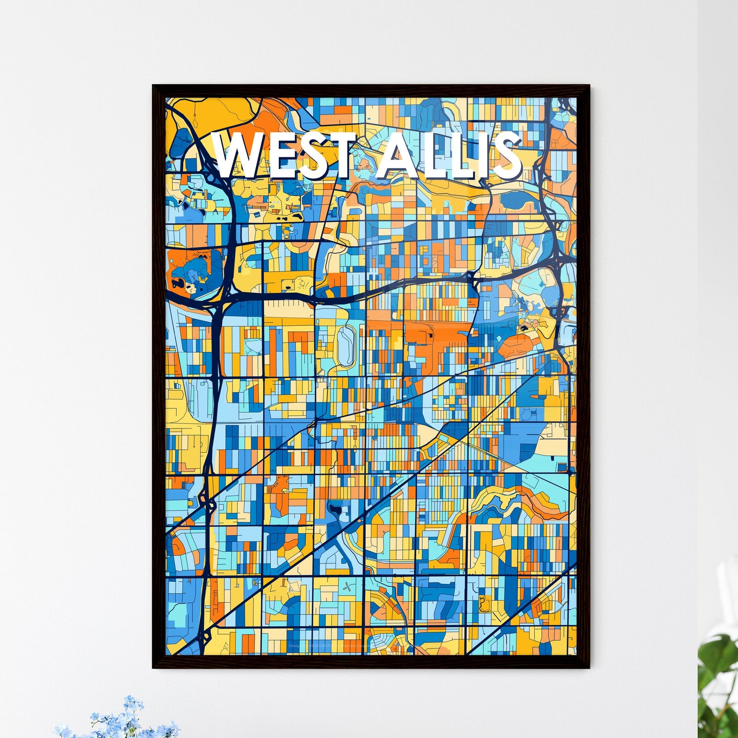 WEST ALLIS WISCONSIN Vibrant Colorful Art Map Poster Blue Orange