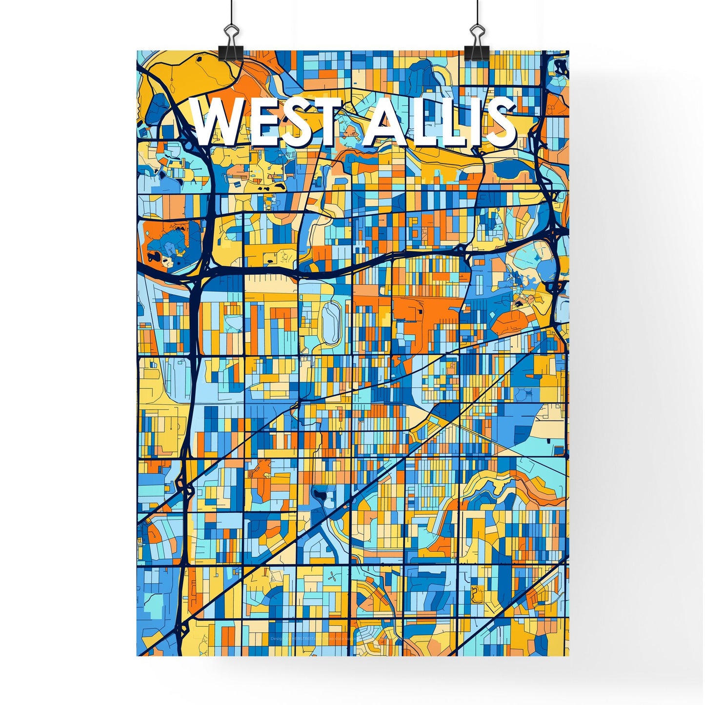 WEST ALLIS WISCONSIN Vibrant Colorful Art Map Poster Blue Orange