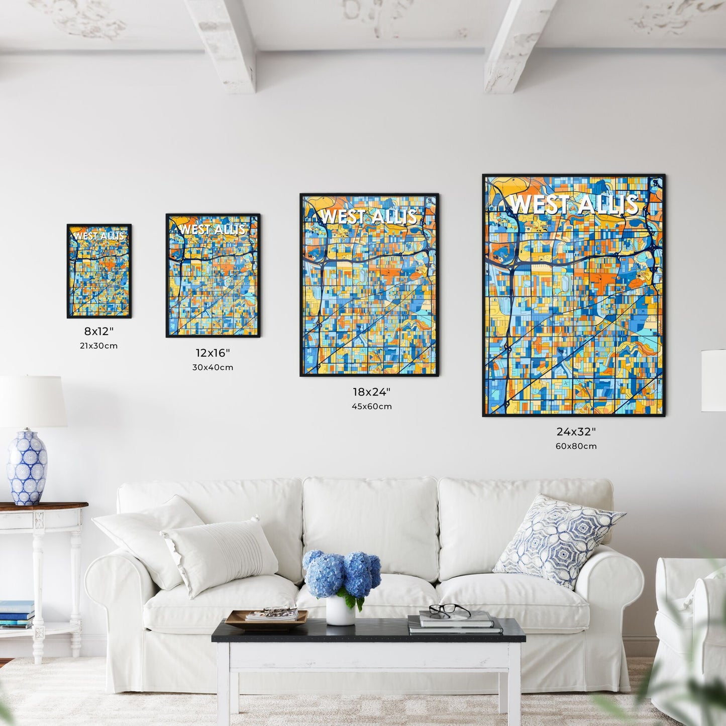 WEST ALLIS WISCONSIN Vibrant Colorful Art Map Poster Blue Orange