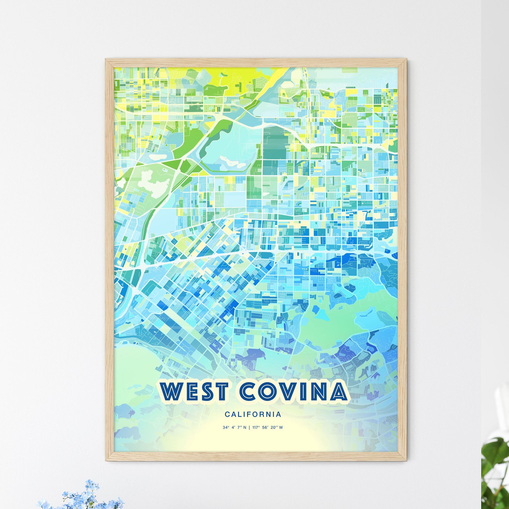 Colorful West Covina California Fine Art Map Cool Blue