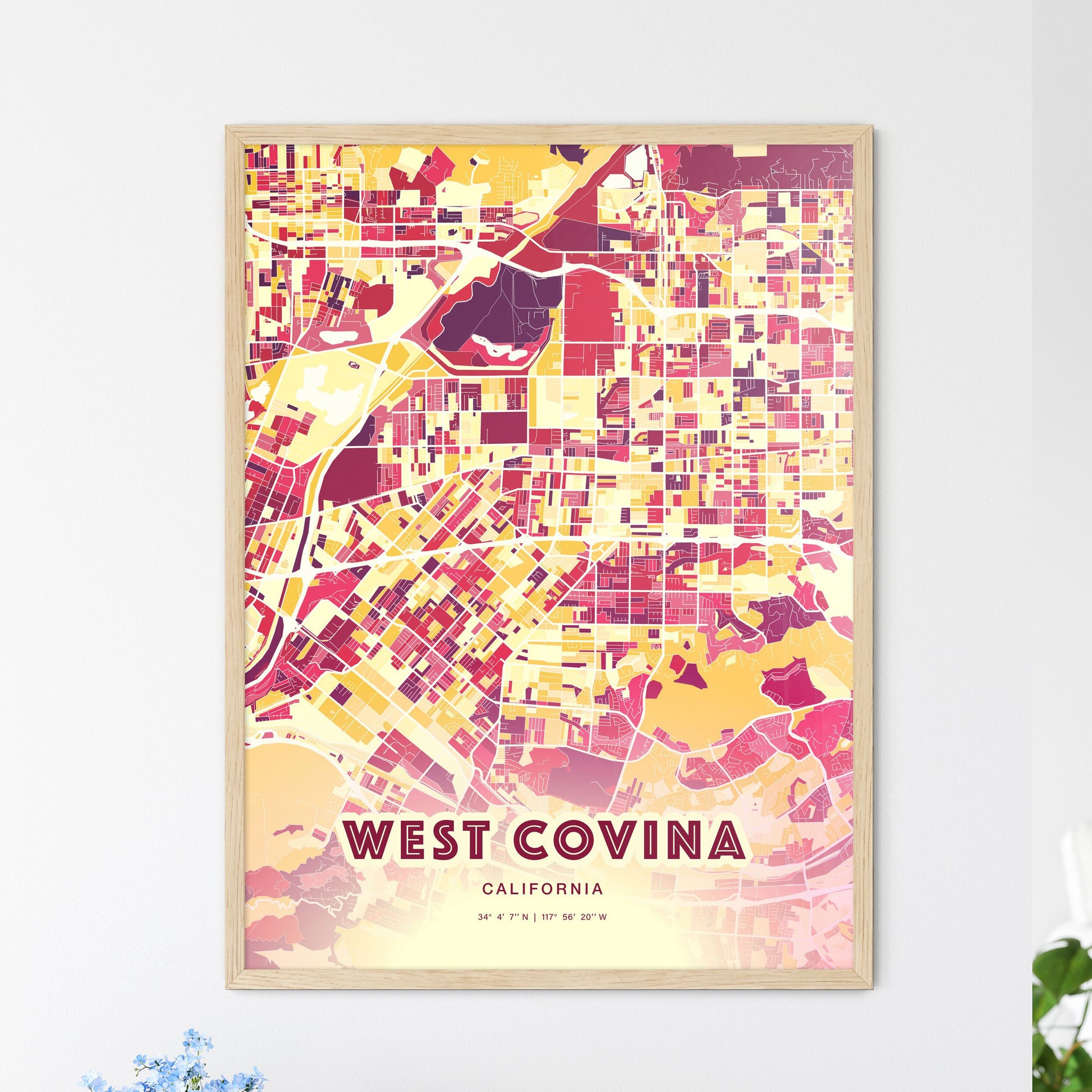Colorful West Covina California Fine Art Map Hot Red