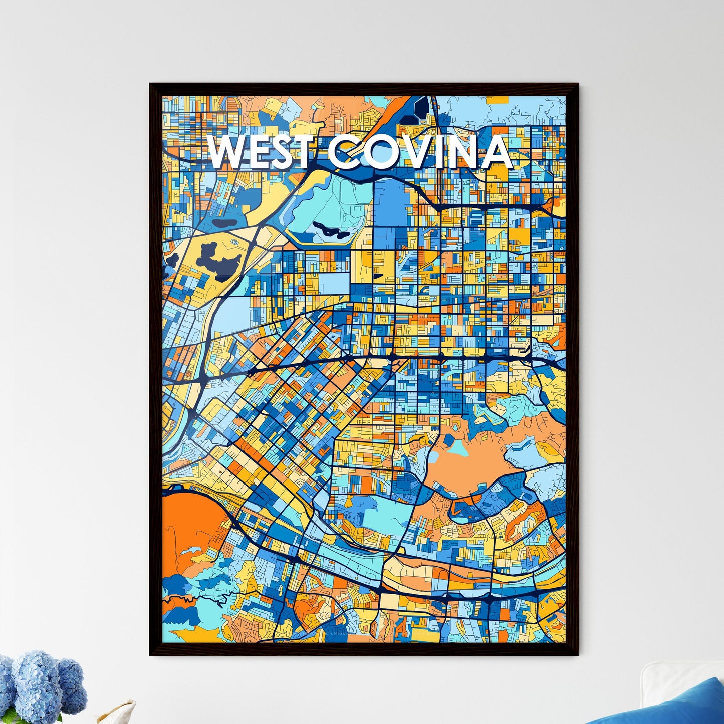 WEST COVINA CALIFORNIA Vibrant Colorful Art Map Poster Blue Orange