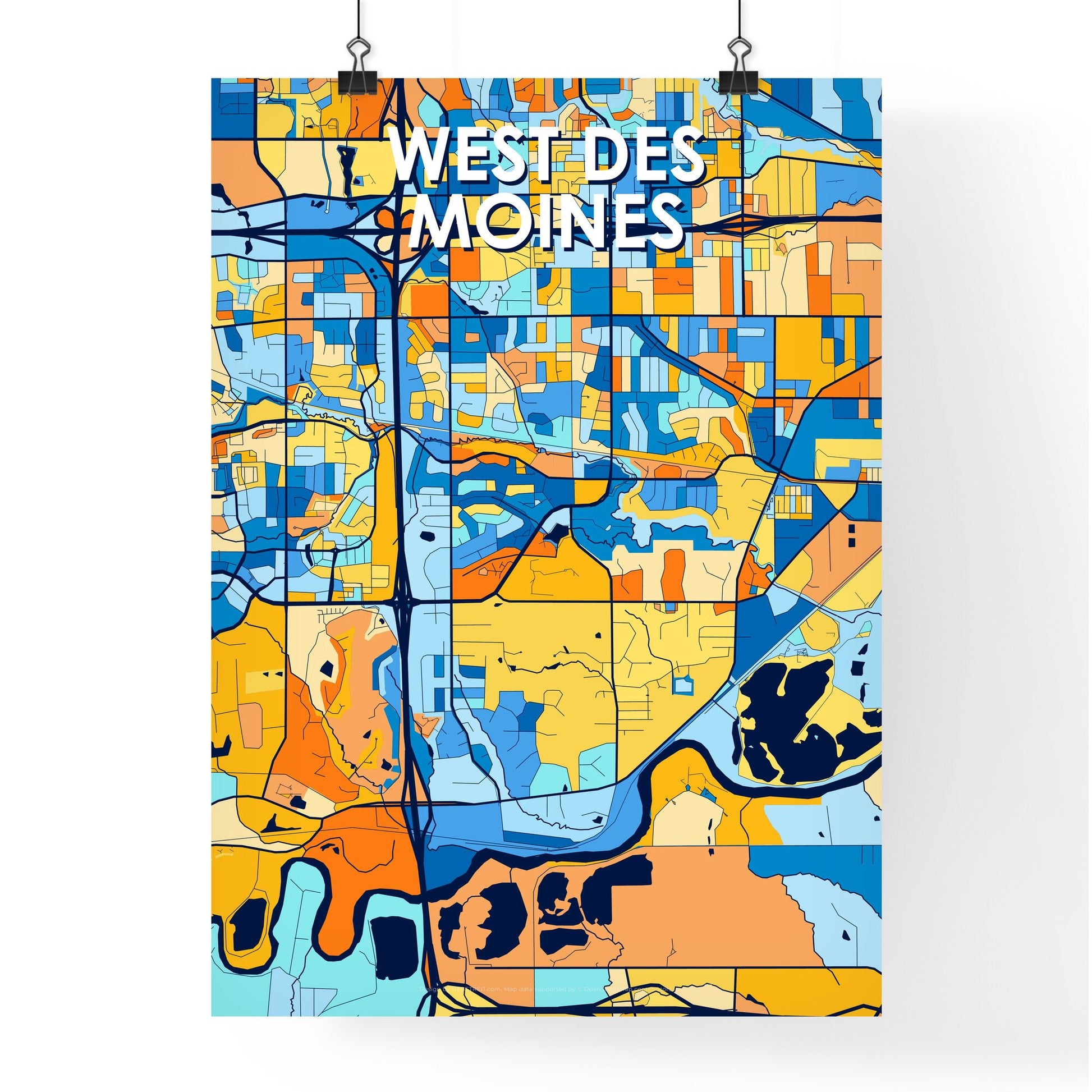 WEST DES MOINES IOWA Vibrant Colorful Art Map Poster Blue Orange