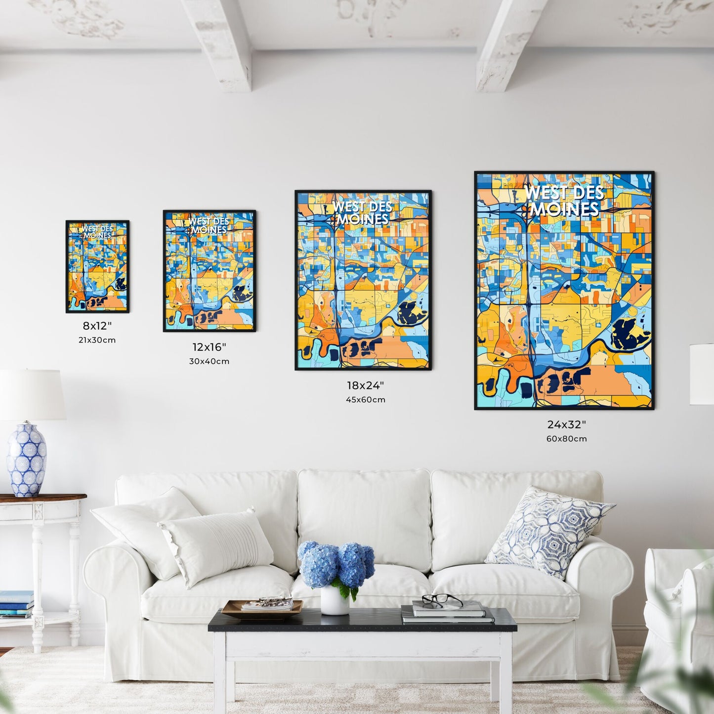 WEST DES MOINES IOWA Vibrant Colorful Art Map Poster Blue Orange