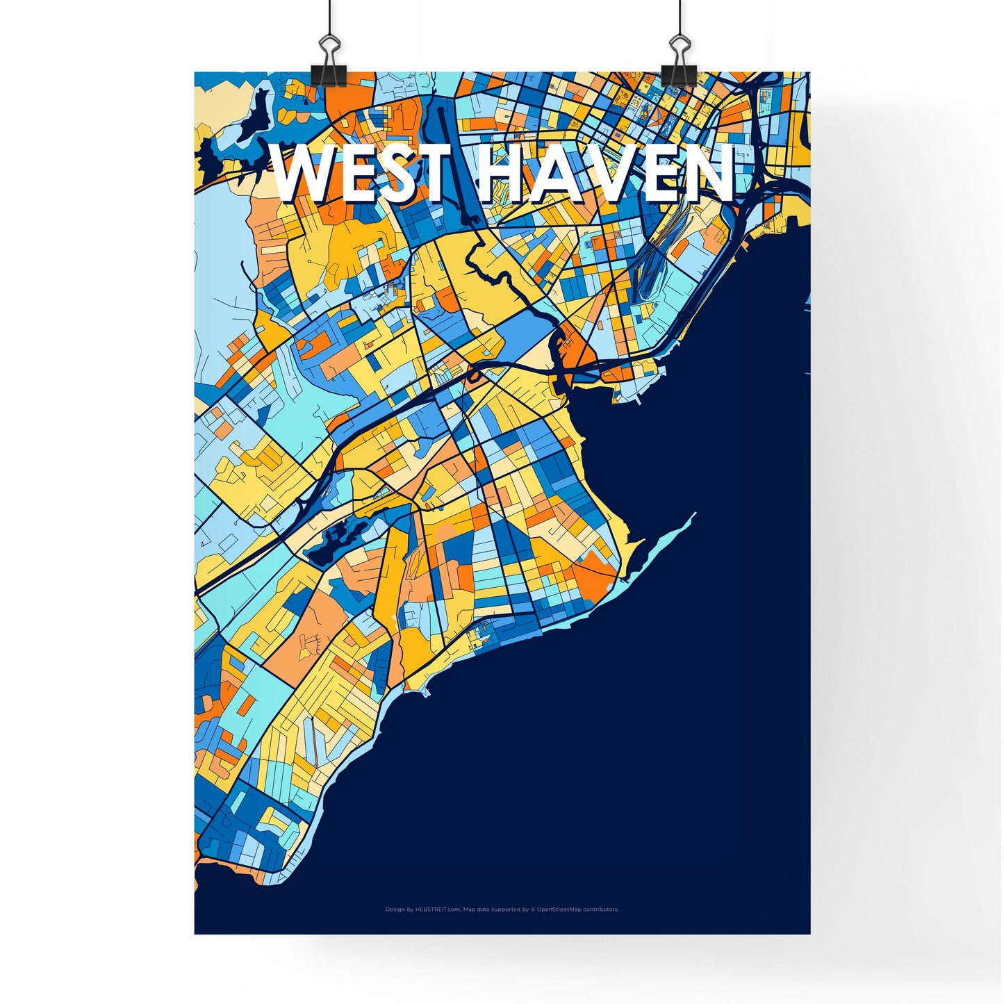 WEST HAVEN CONNECTICUT Vibrant Colorful Art Map Poster Blue Orange