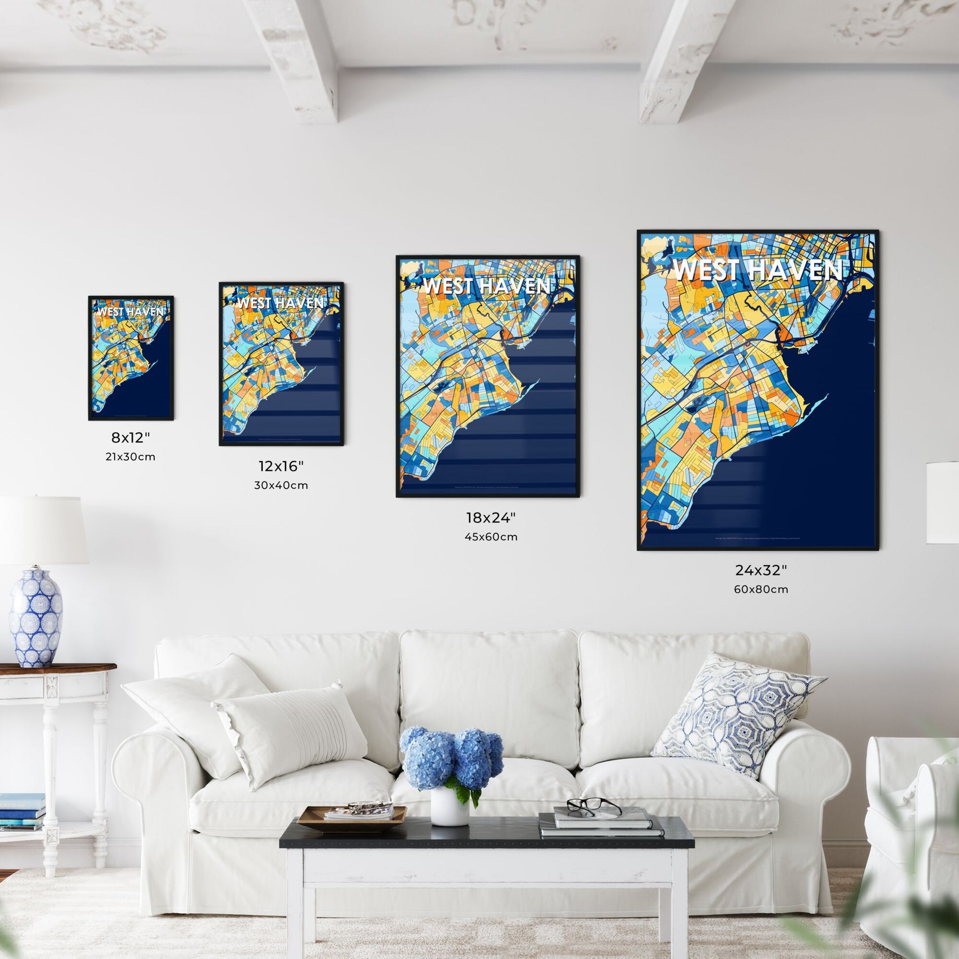 WEST HAVEN CONNECTICUT Vibrant Colorful Art Map Poster Blue Orange