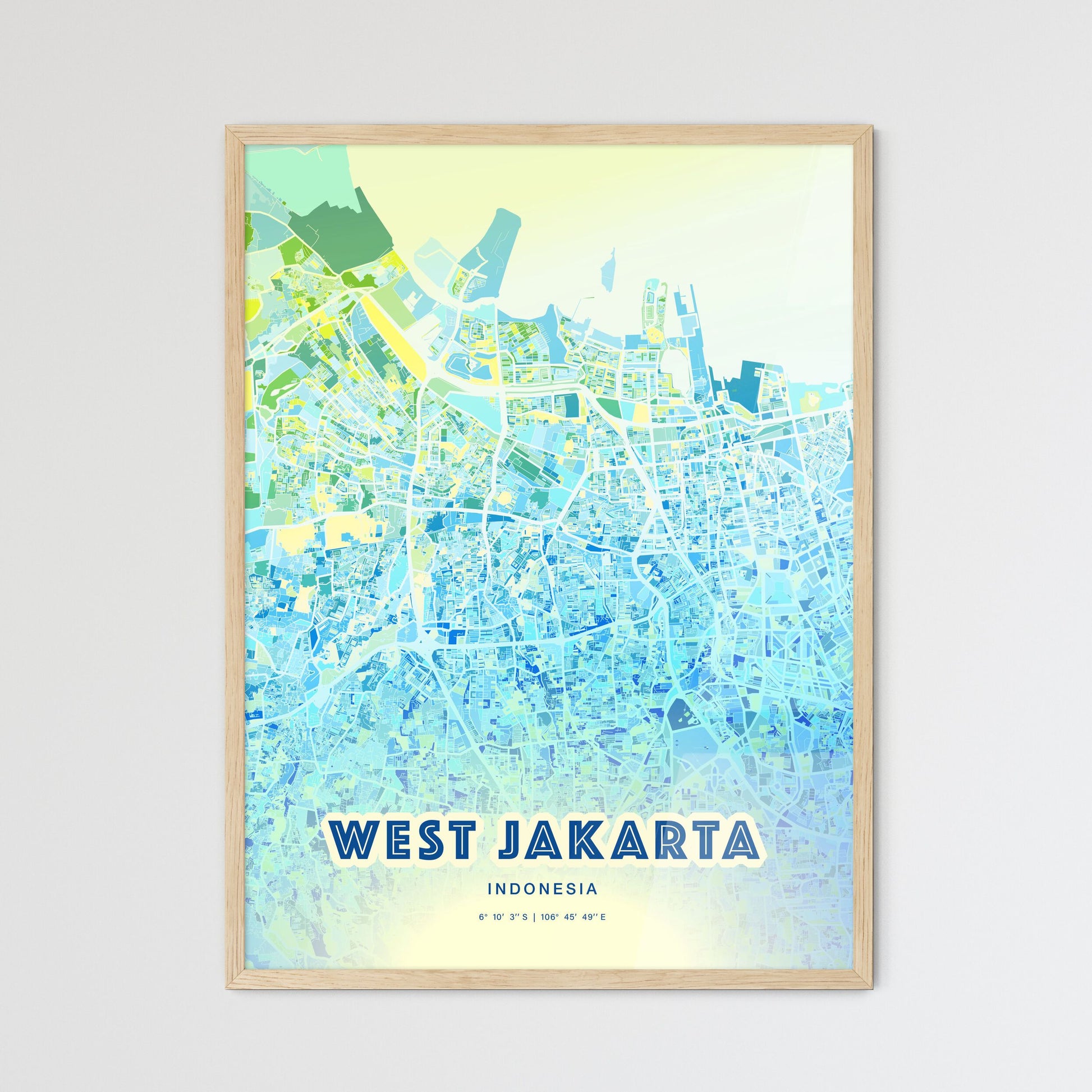 Colorful West Jakarta Indonesia Fine Art Map Cool Blue