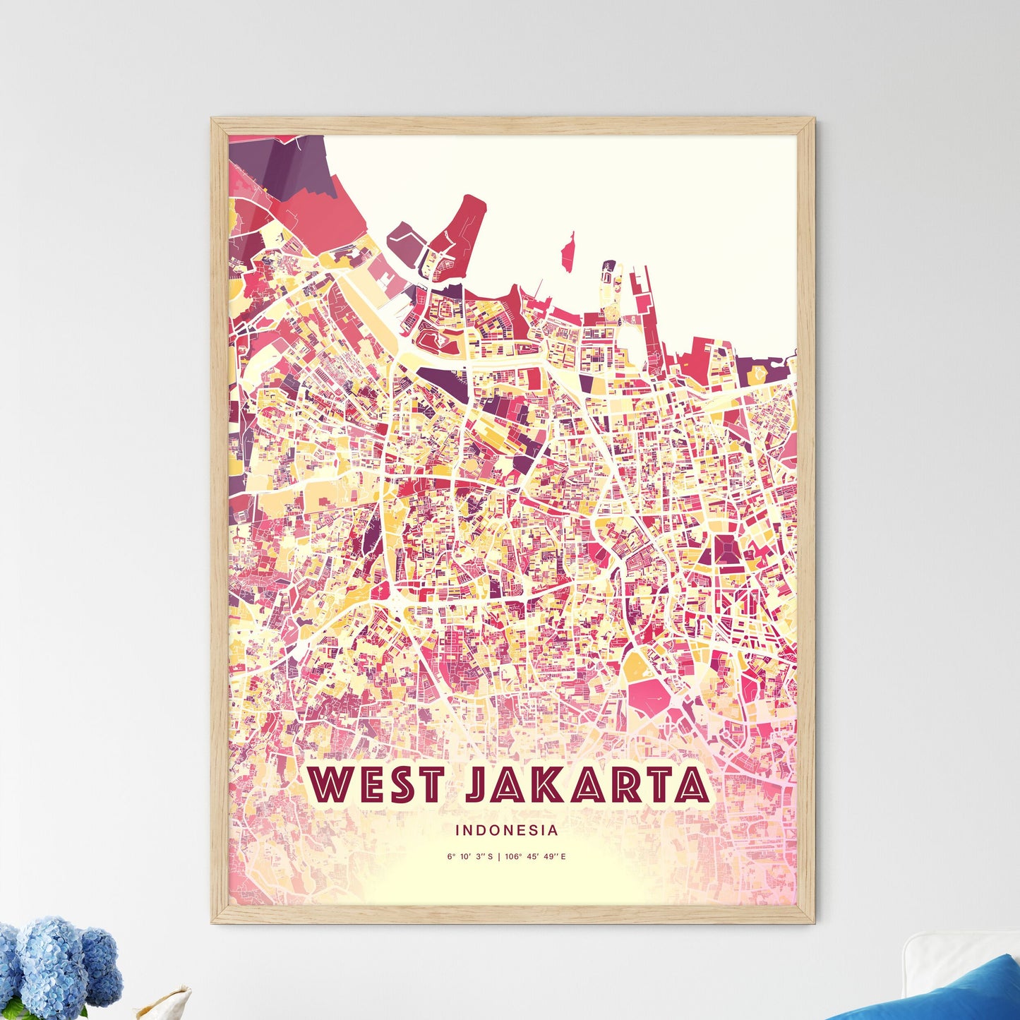 Colorful West Jakarta Indonesia Fine Art Map Hot Red