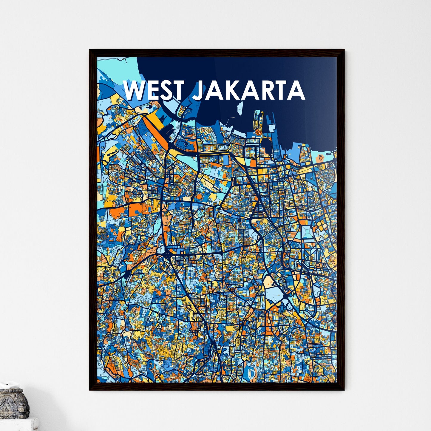 WEST JAKARTA INDONESIA Vibrant Colorful Art Map Poster Blue Orange