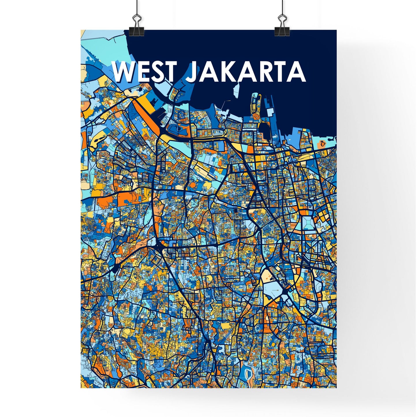 WEST JAKARTA INDONESIA Vibrant Colorful Art Map Poster Blue Orange