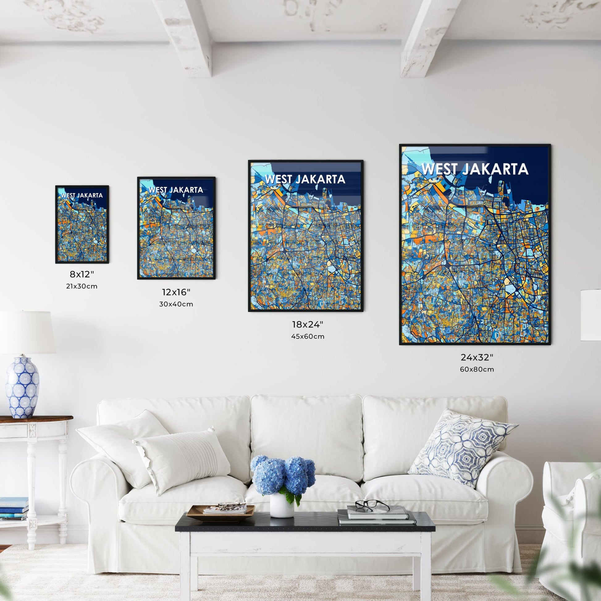 WEST JAKARTA INDONESIA Vibrant Colorful Art Map Poster Blue Orange