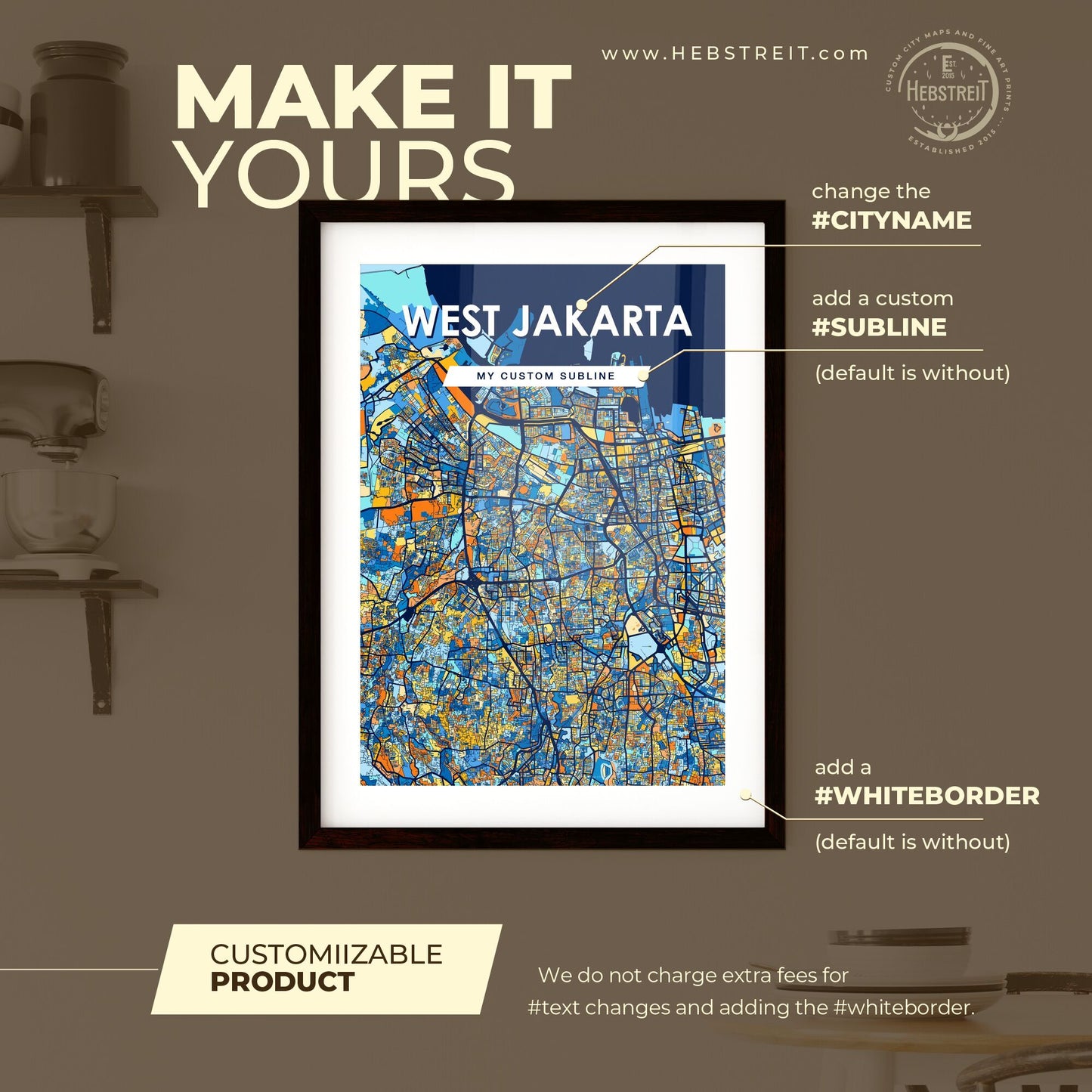 WEST JAKARTA INDONESIA Vibrant Colorful Art Map Poster Blue Orange