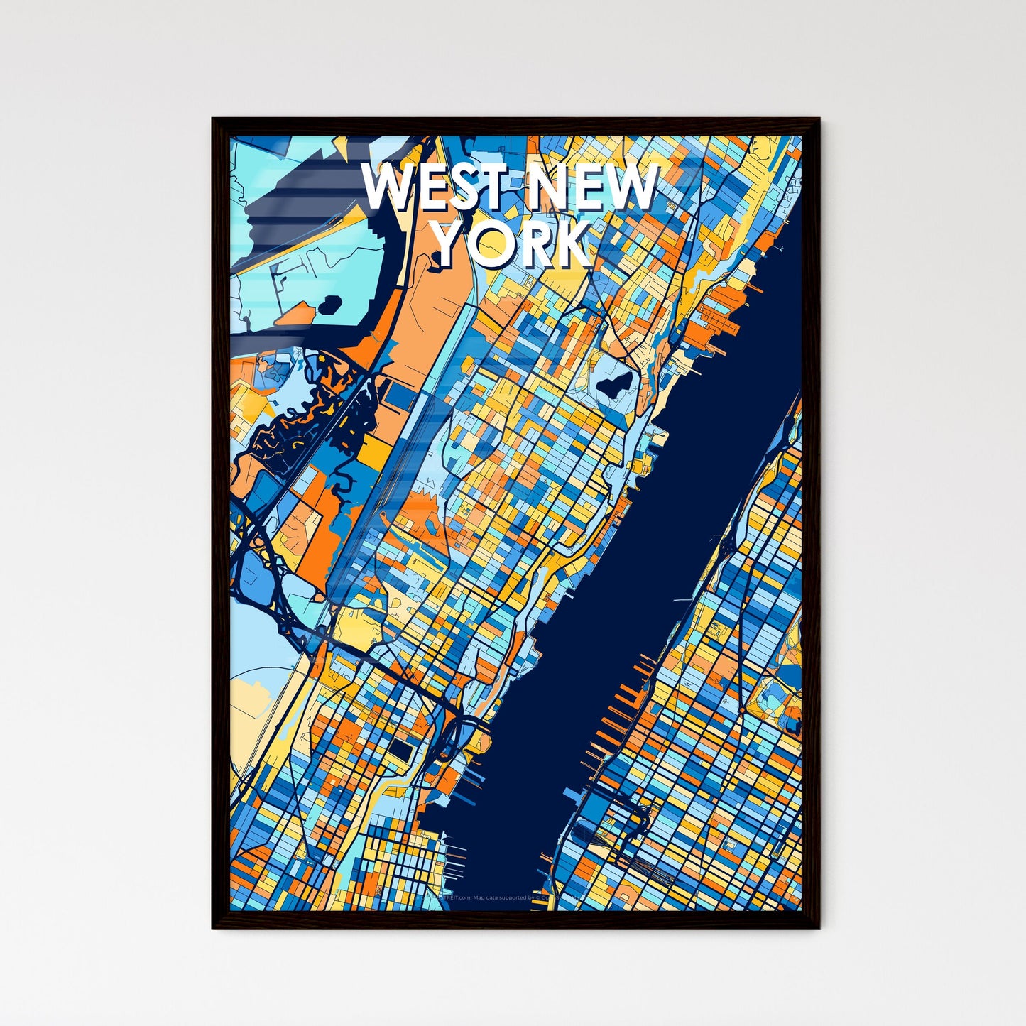 WEST NEW YORK NEW JERSEY Vibrant Colorful Art Map Poster Blue Orange