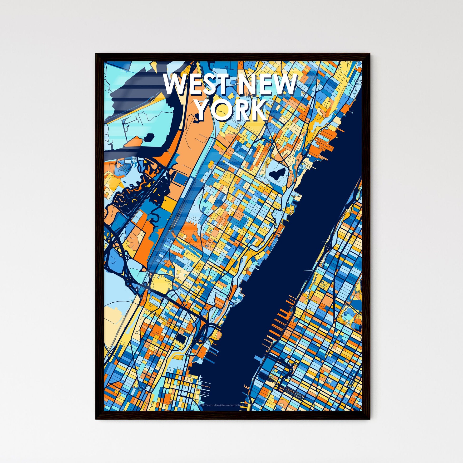 WEST NEW YORK NEW JERSEY Vibrant Colorful Art Map Poster Blue Orange