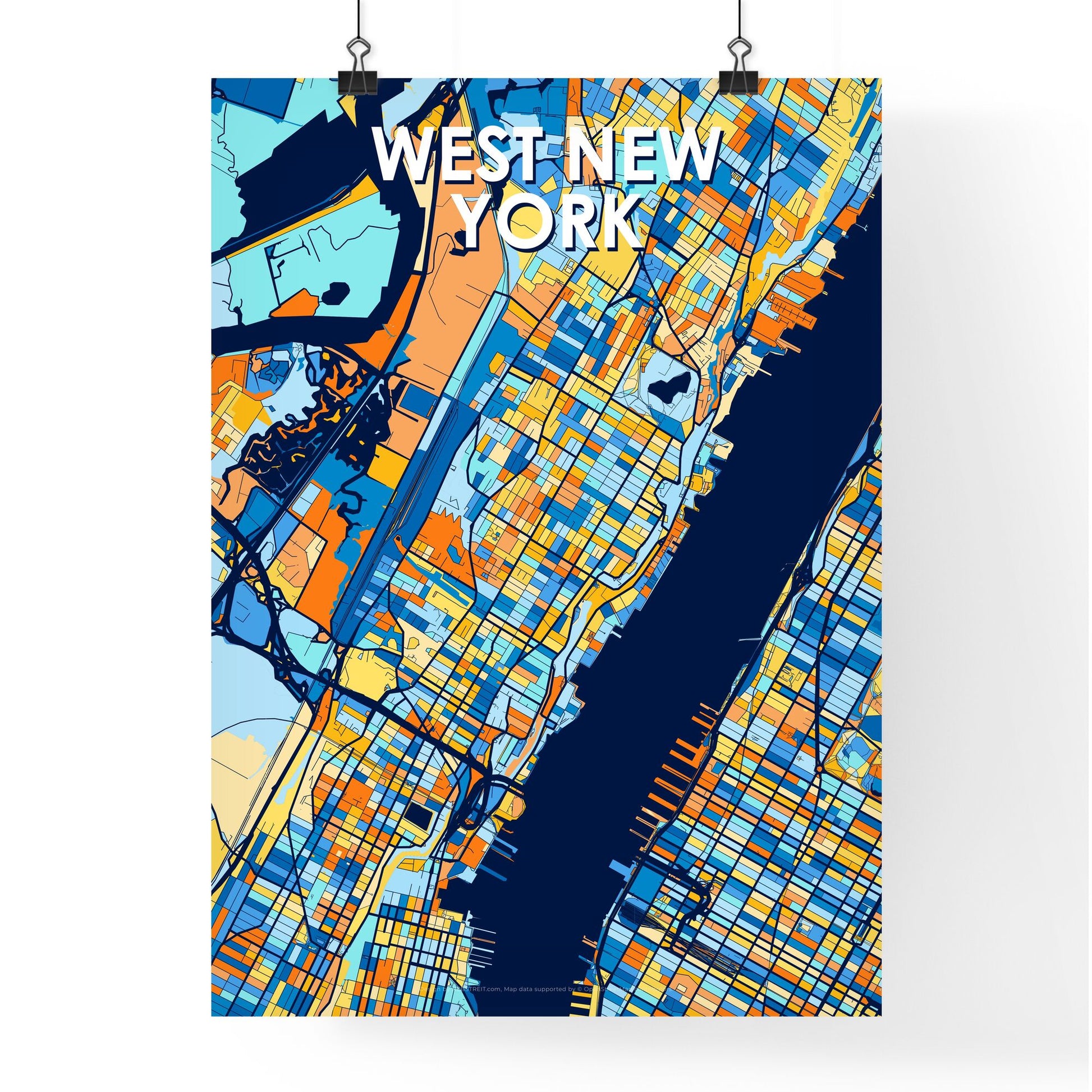 WEST NEW YORK NEW JERSEY Vibrant Colorful Art Map Poster Blue Orange