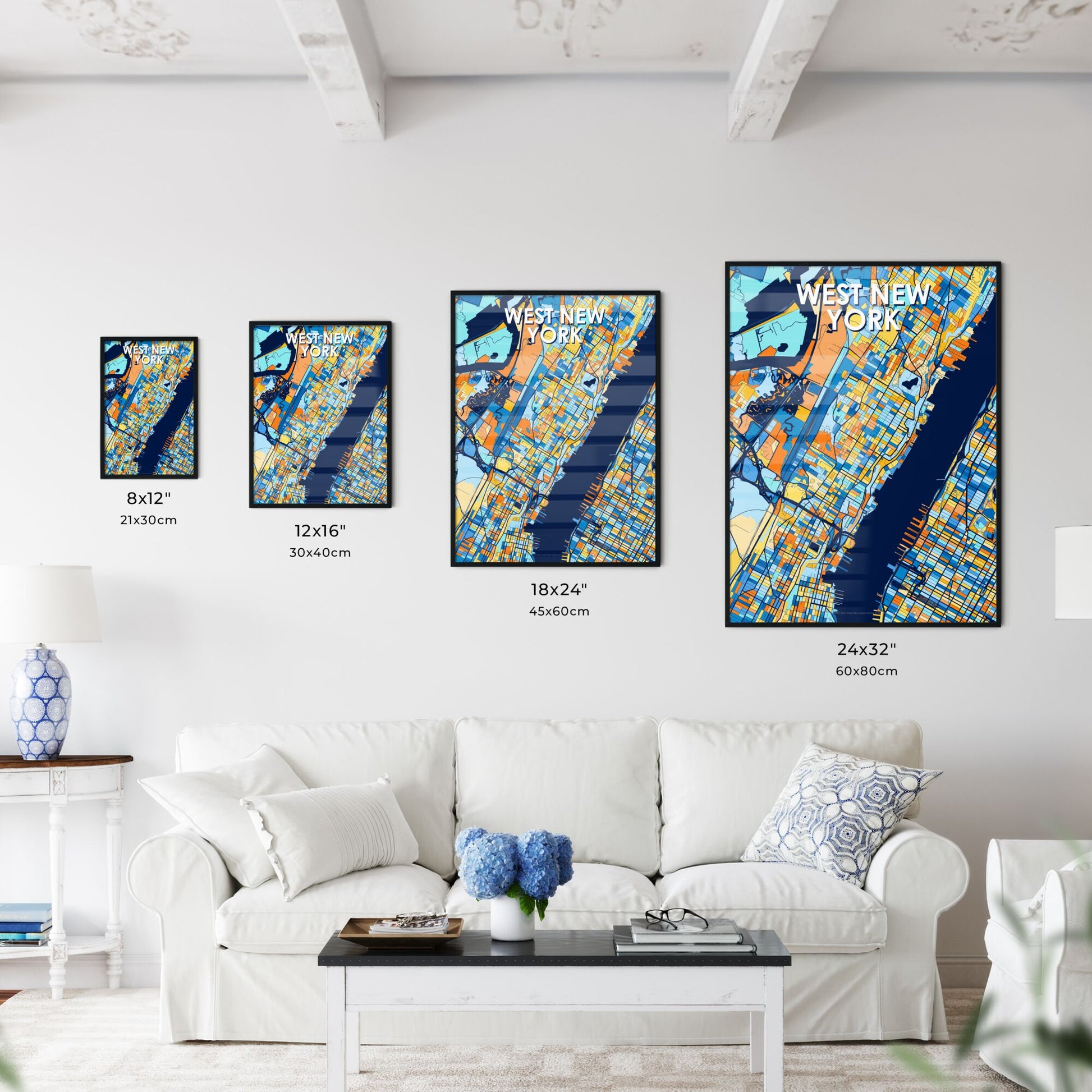 WEST NEW YORK NEW JERSEY Vibrant Colorful Art Map Poster Blue Orange