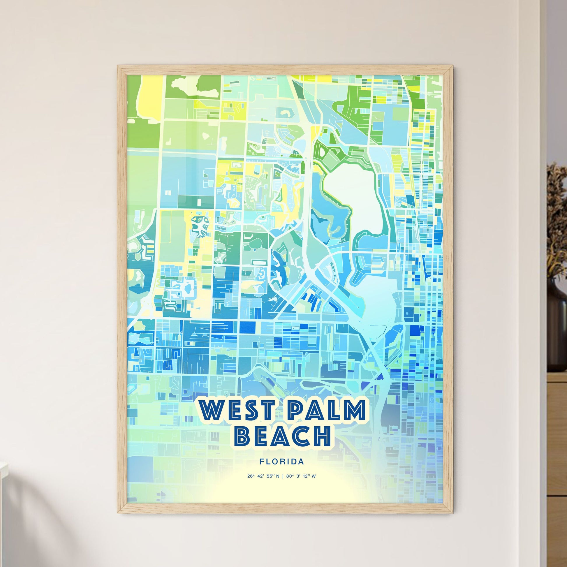 Colorful West Palm Beach Florida Fine Art Map Cool Blue