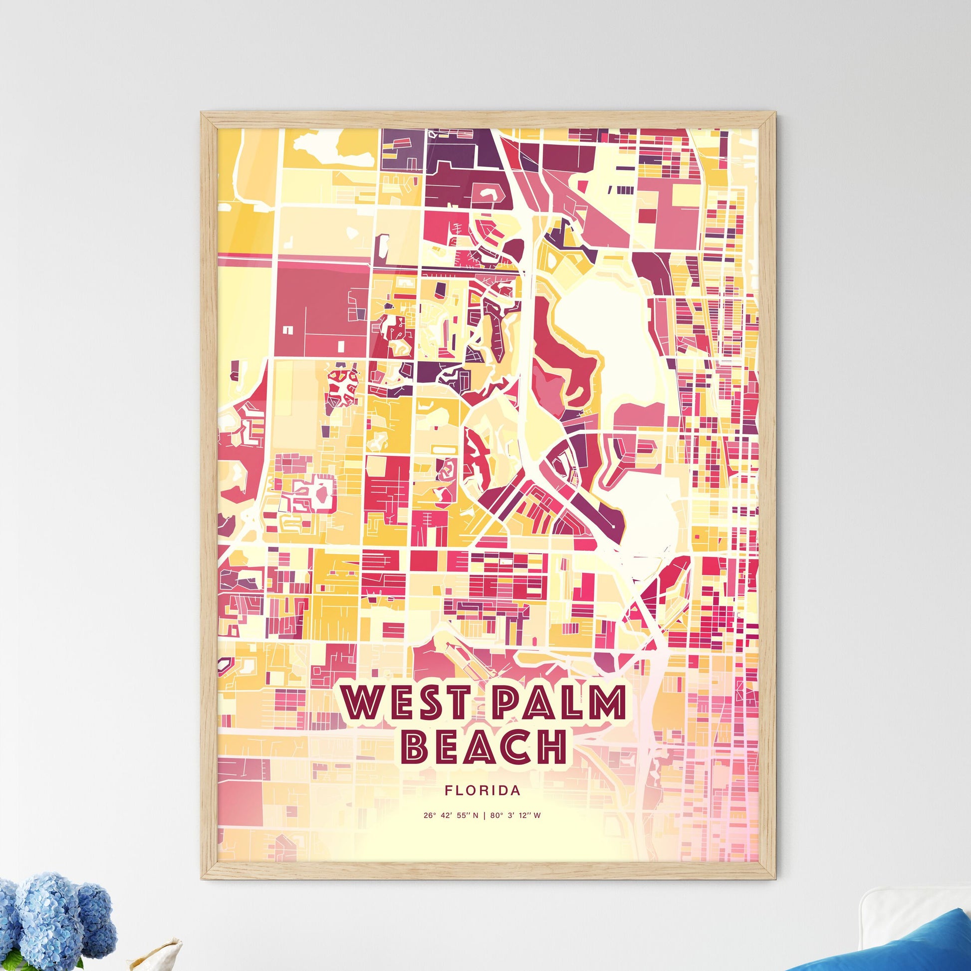 Colorful West Palm Beach Florida Fine Art Map Hot Red