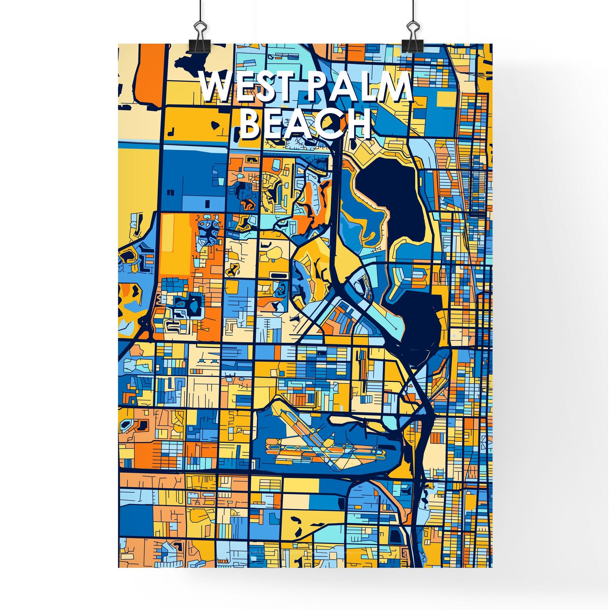 WEST PALM BEACH FLORIDA Vibrant Colorful Art Map Poster Blue Orange