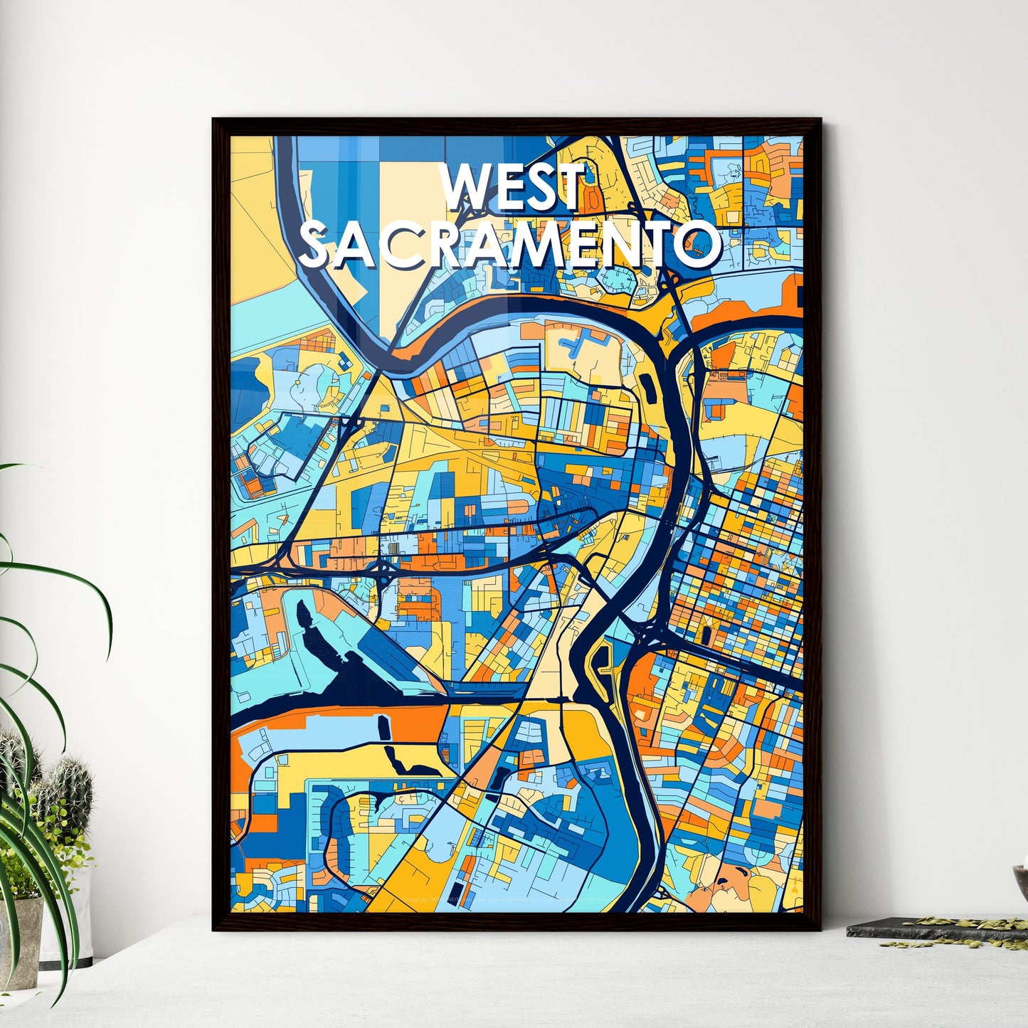 WEST SACRAMENTO CALIFORNIA Vibrant Colorful Art Map Poster Blue Orange