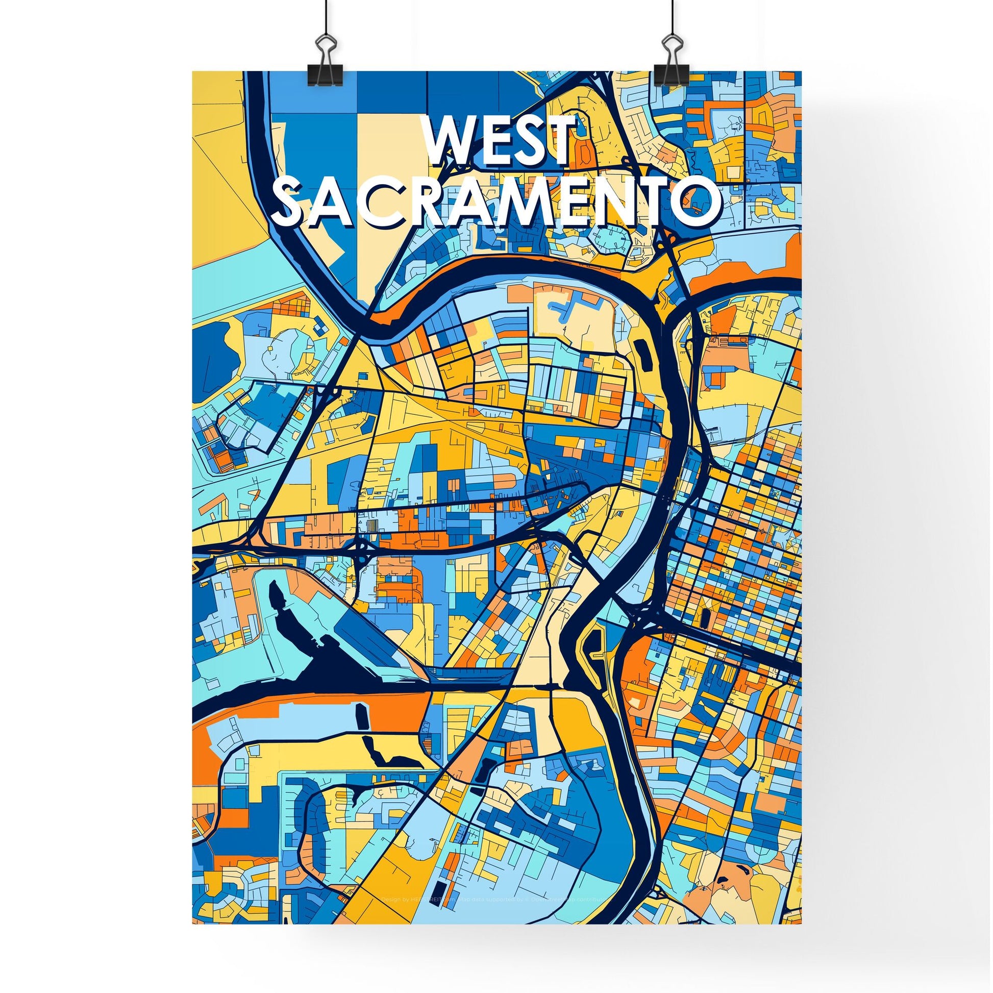 WEST SACRAMENTO CALIFORNIA Vibrant Colorful Art Map Poster Blue Orange