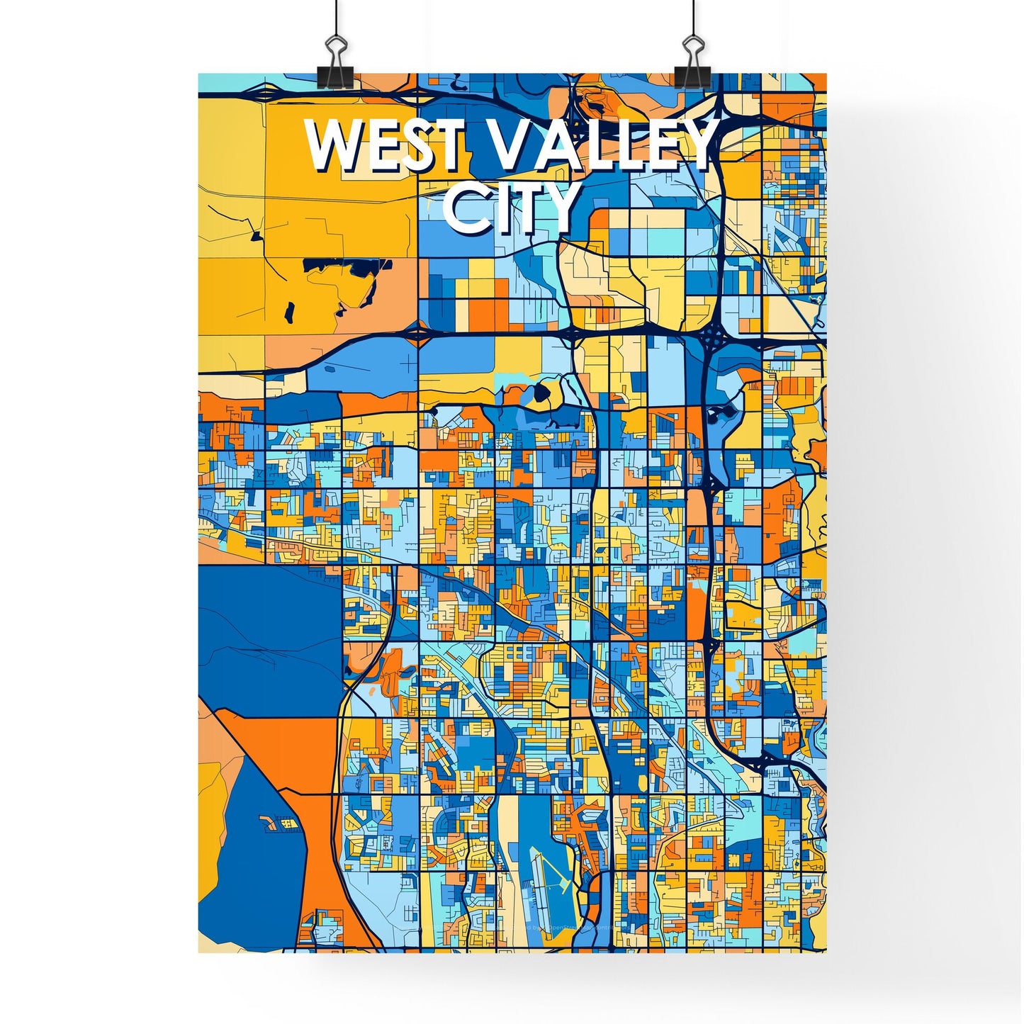 WEST VALLEY CITY UTAH Vibrant Colorful Art Map Poster Blue Orange