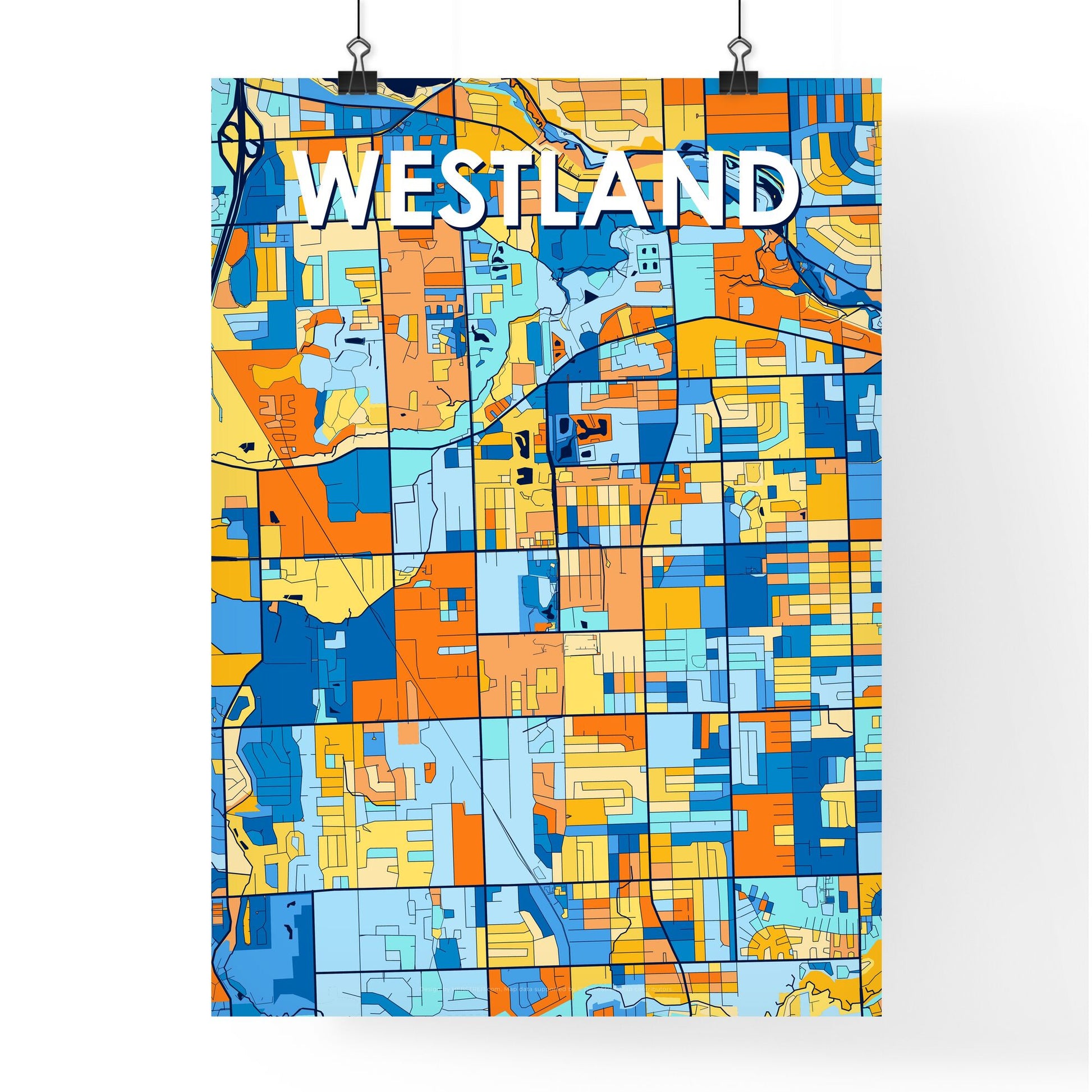 WESTLAND MICHIGAN Vibrant Colorful Art Map Poster Blue Orange