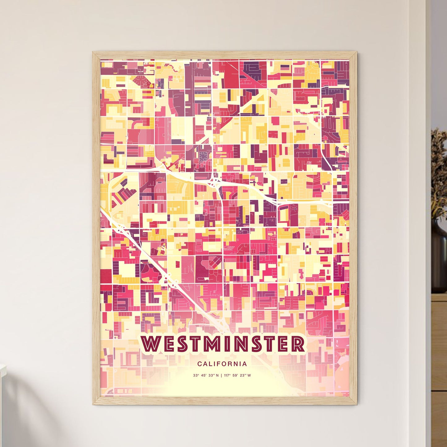 Colorful Westminster California Fine Art Map Hot Red