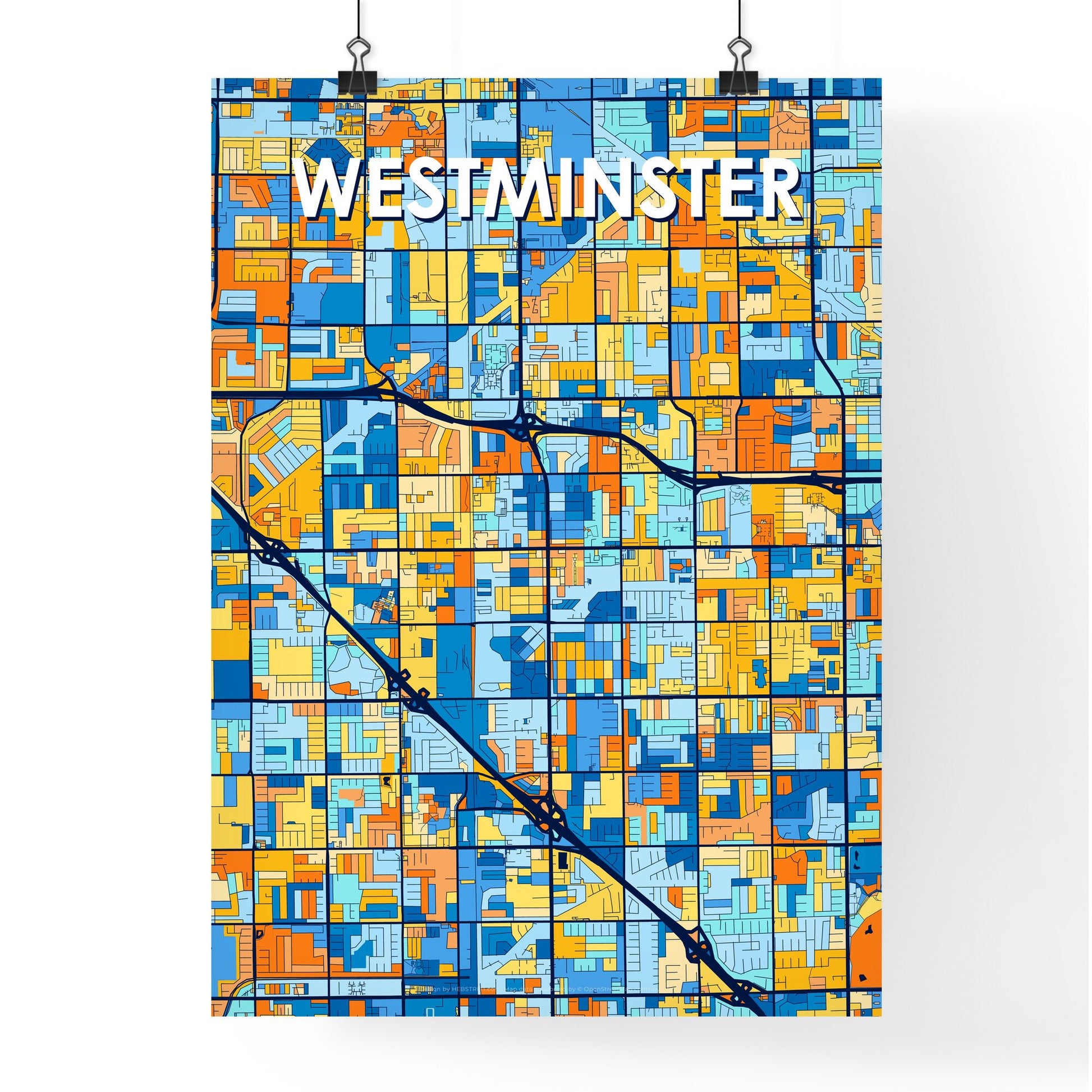 WESTMINSTER CALIFORNIA Vibrant Colorful Art Map Poster Blue Orange