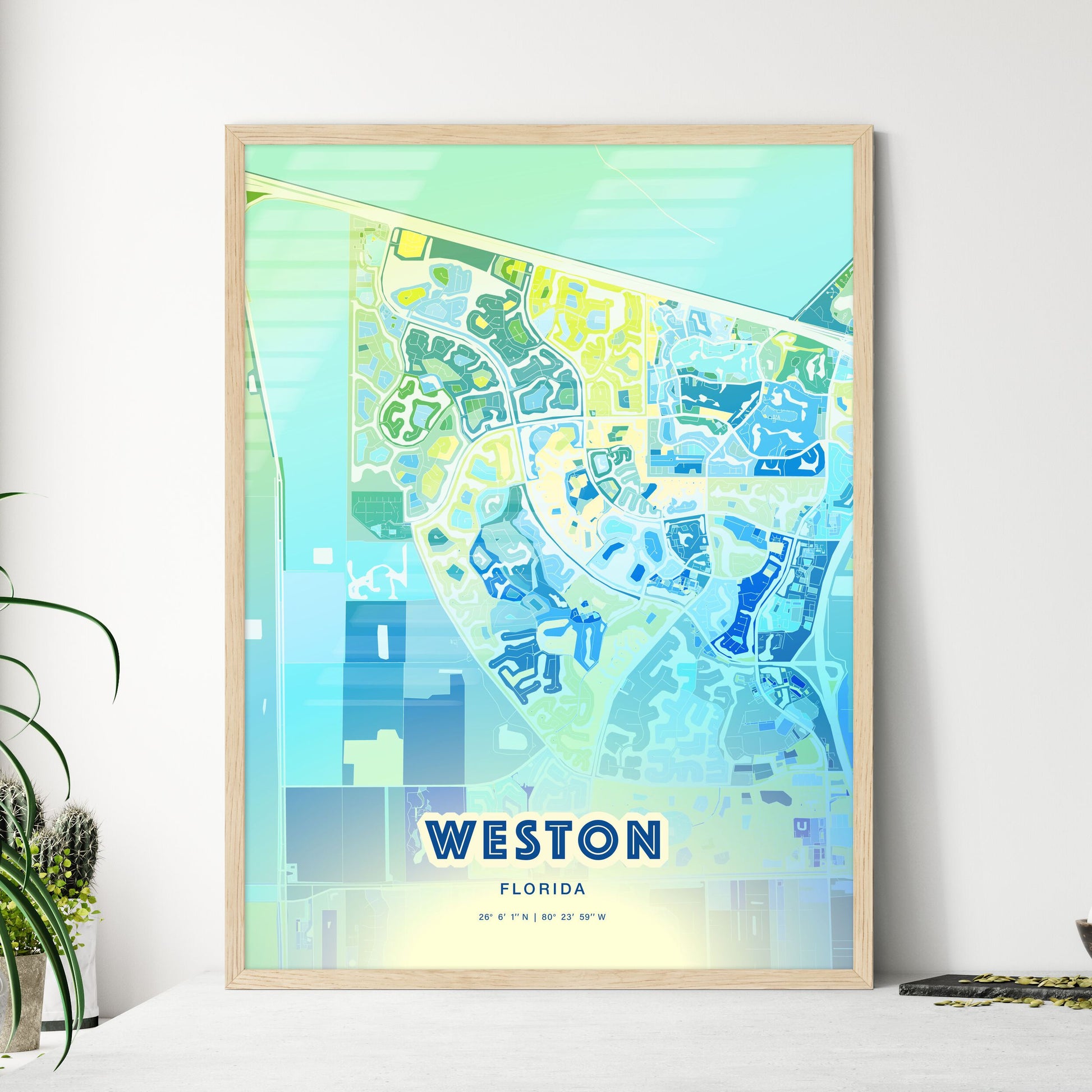 Colorful Weston Florida Fine Art Map Cool Blue