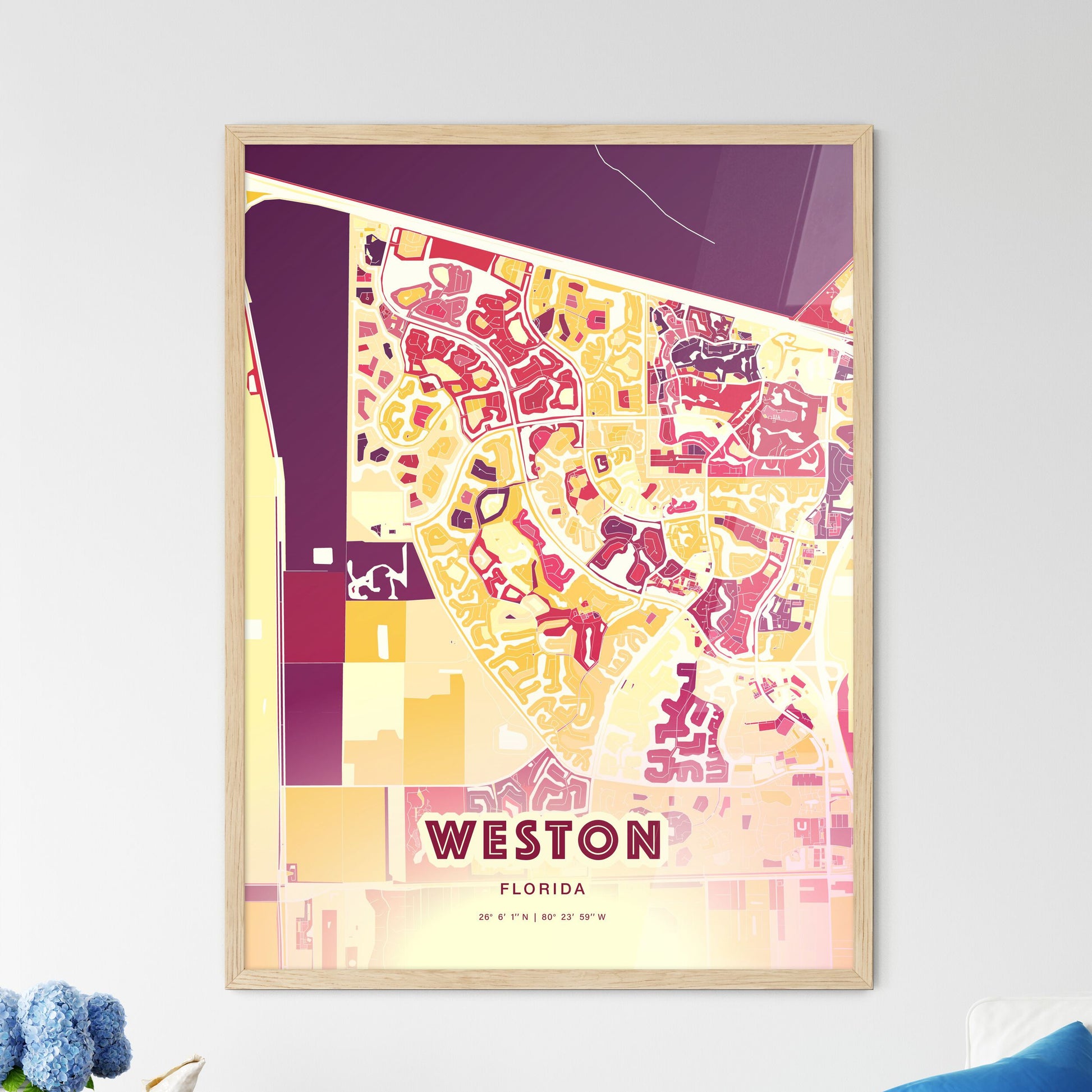 Colorful Weston Florida Fine Art Map Hot Red