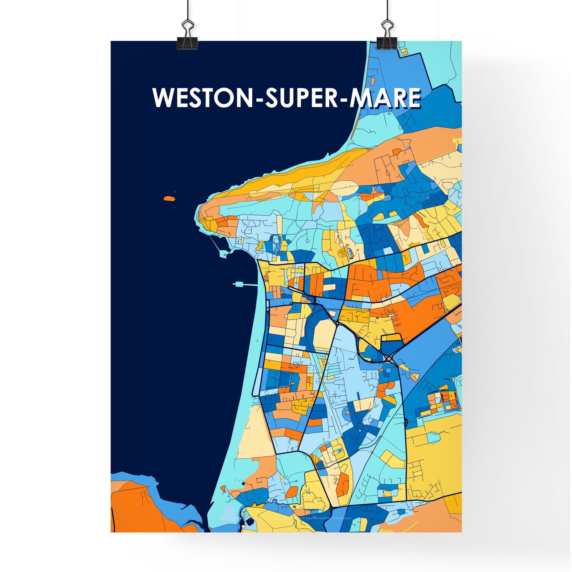 WESTON-SUPER-MARE ENGLAND Vibrant Colorful Art Map Poster Blue Orange