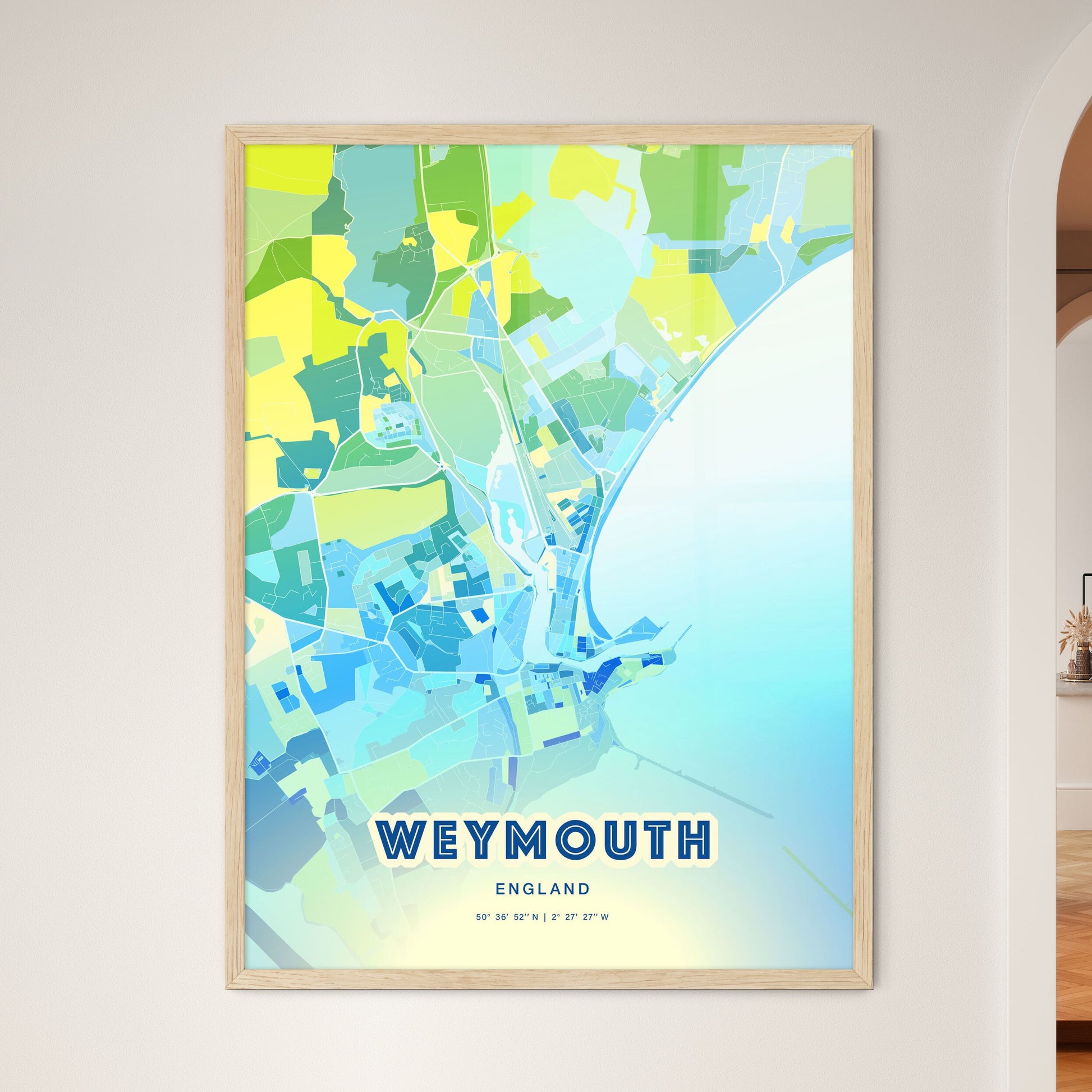 Colorful Weymouth England Fine Art Map Cool Blue