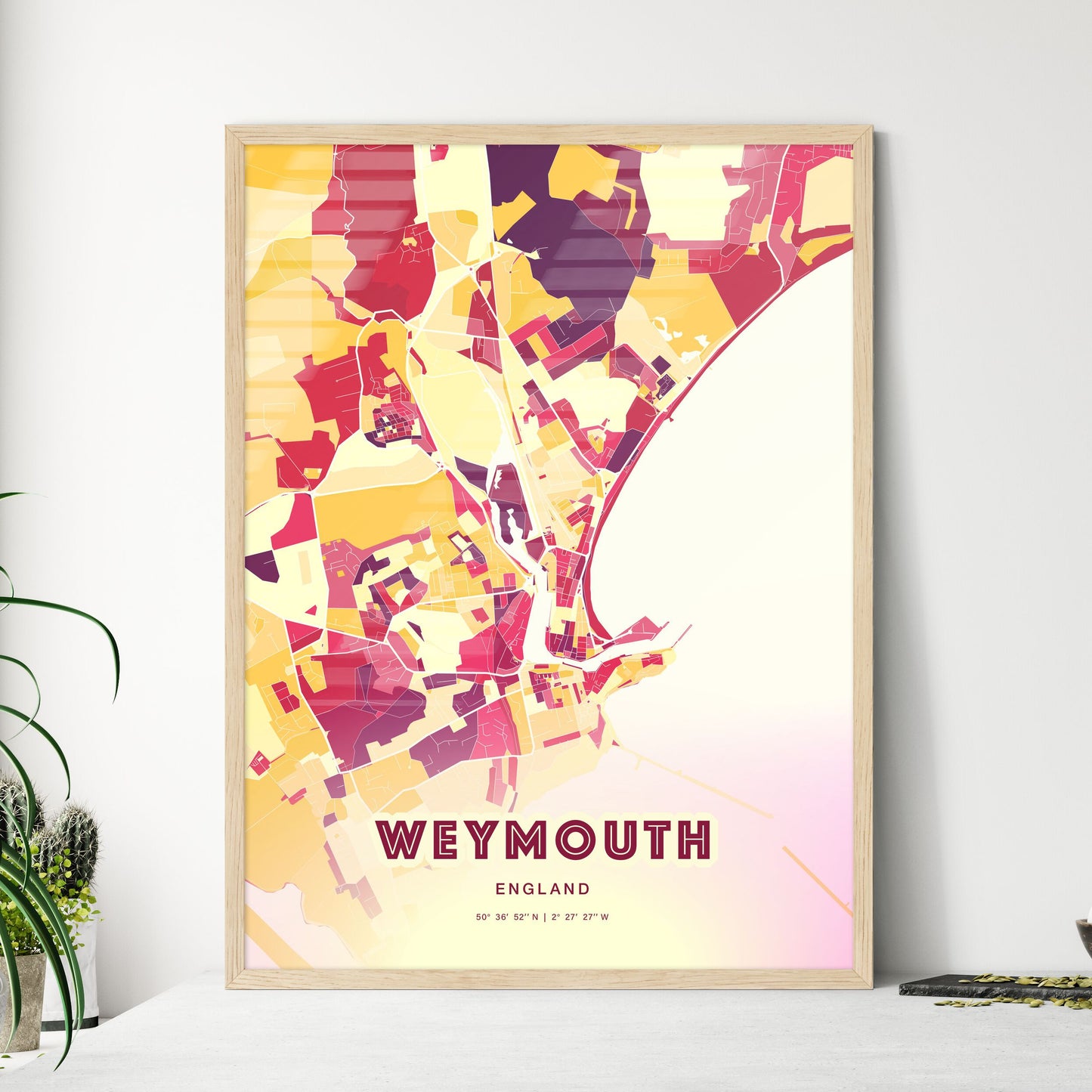 Colorful Weymouth England Fine Art Map Hot Red