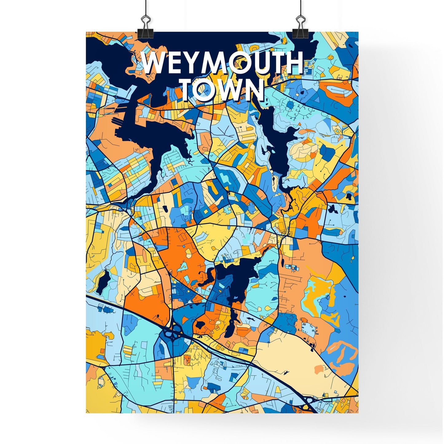 WEYMOUTH TOWN MASSACHUSETTS Vibrant Colorful Art Map Poster Blue Orange