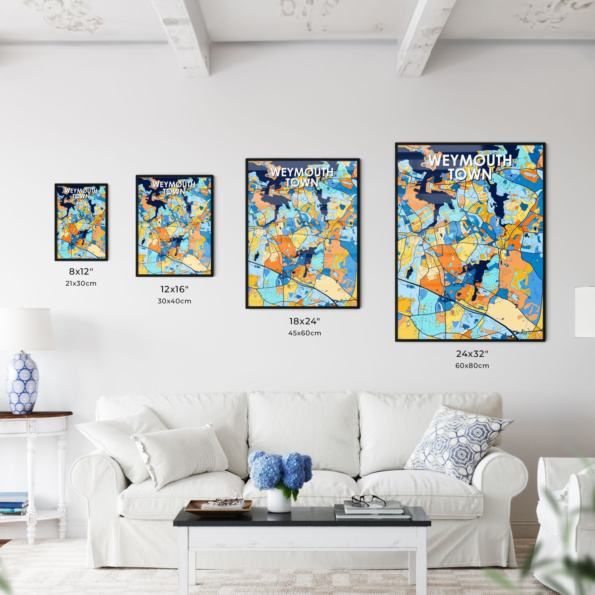 WEYMOUTH TOWN MASSACHUSETTS Vibrant Colorful Art Map Poster Blue Orange