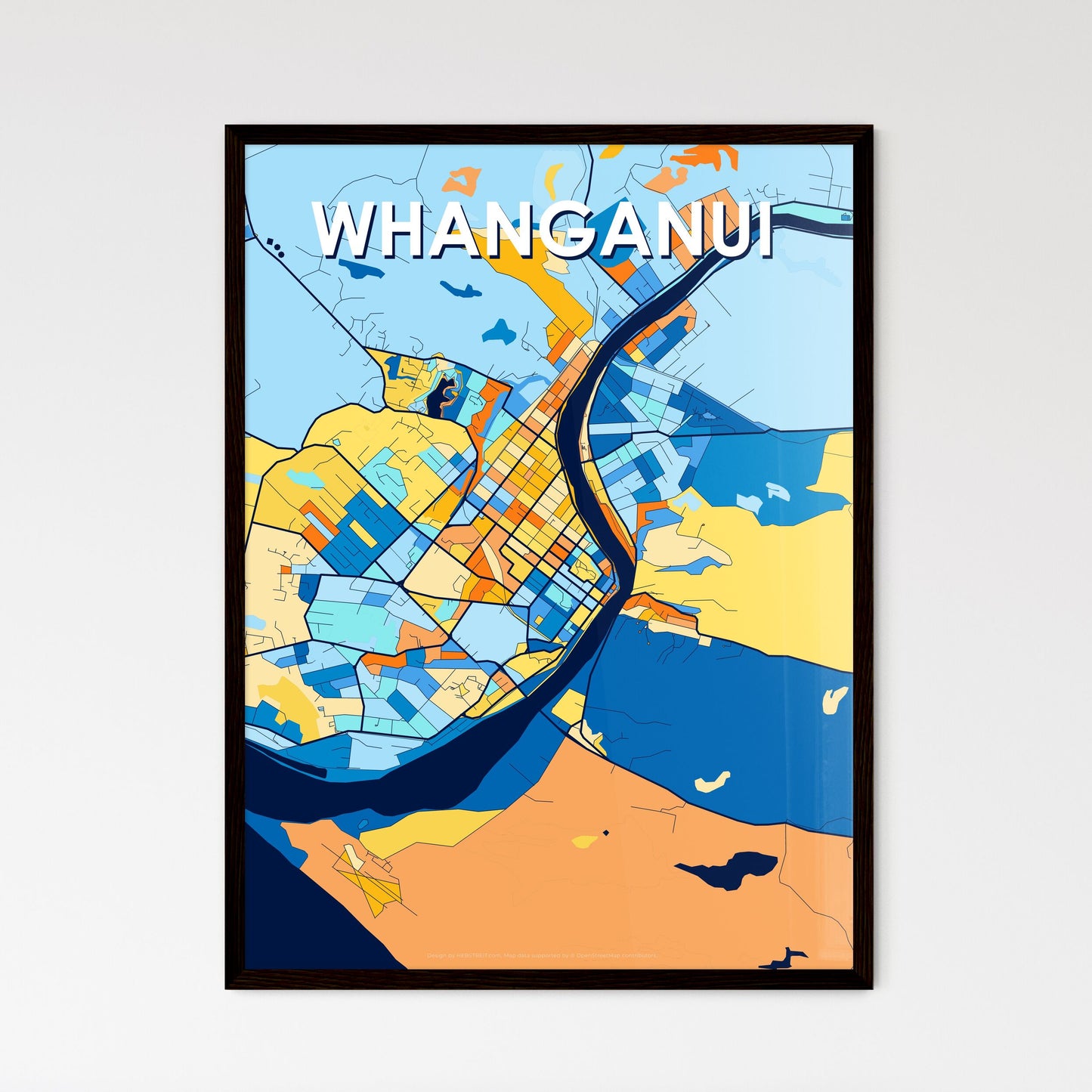 WHANGANUI NEW ZEALAND Vibrant Colorful Art Map Poster Blue Orange