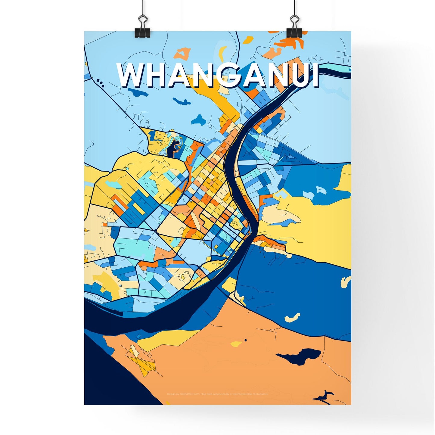 WHANGANUI NEW ZEALAND Vibrant Colorful Art Map Poster Blue Orange