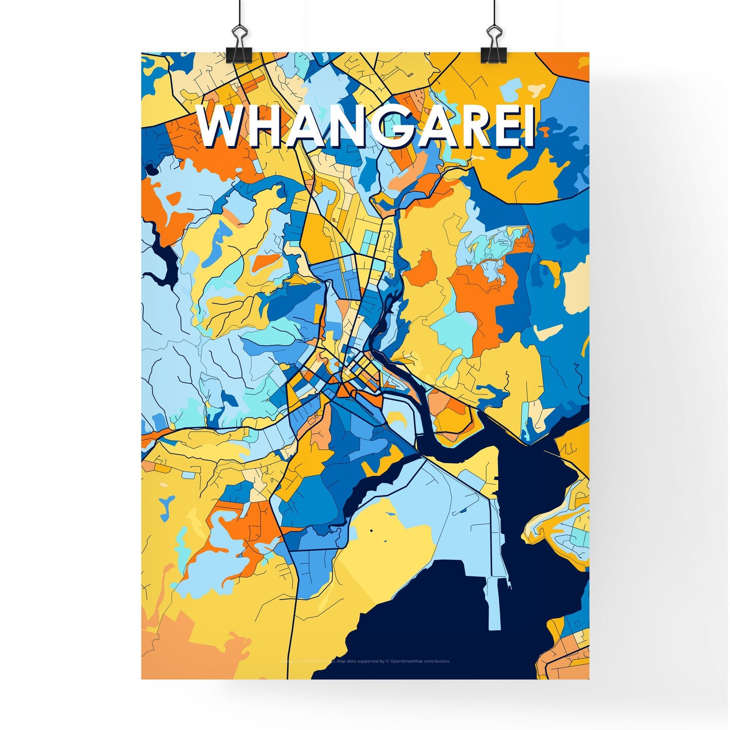 WHANGAREI NEW ZEALAND Vibrant Colorful Art Map Poster Blue Orange