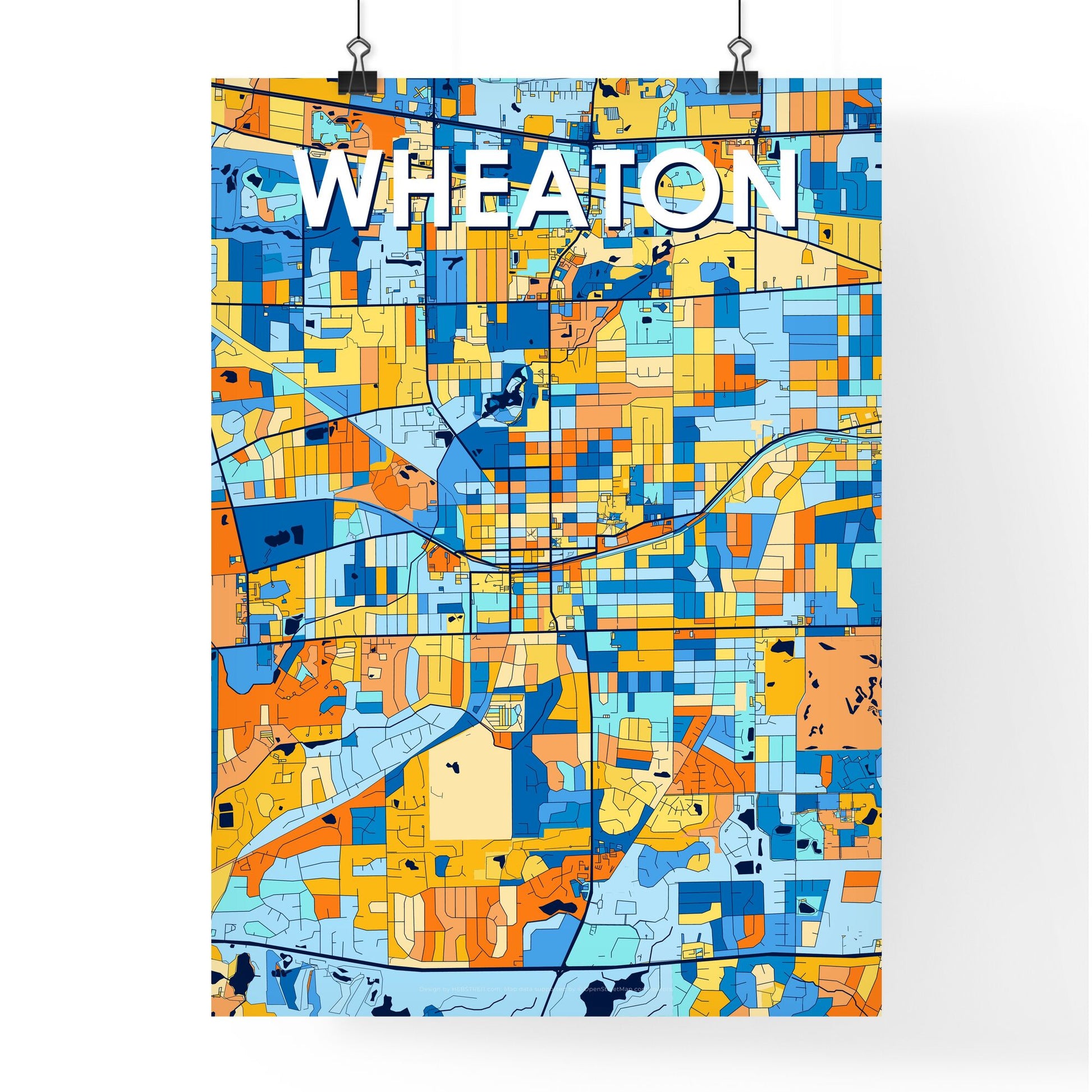 WHEATON ILLINOIS Vibrant Colorful Art Map Poster Blue Orange