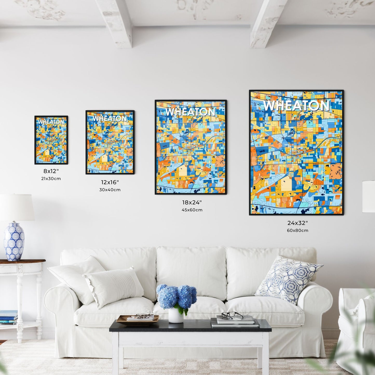 WHEATON ILLINOIS Vibrant Colorful Art Map Poster Blue Orange