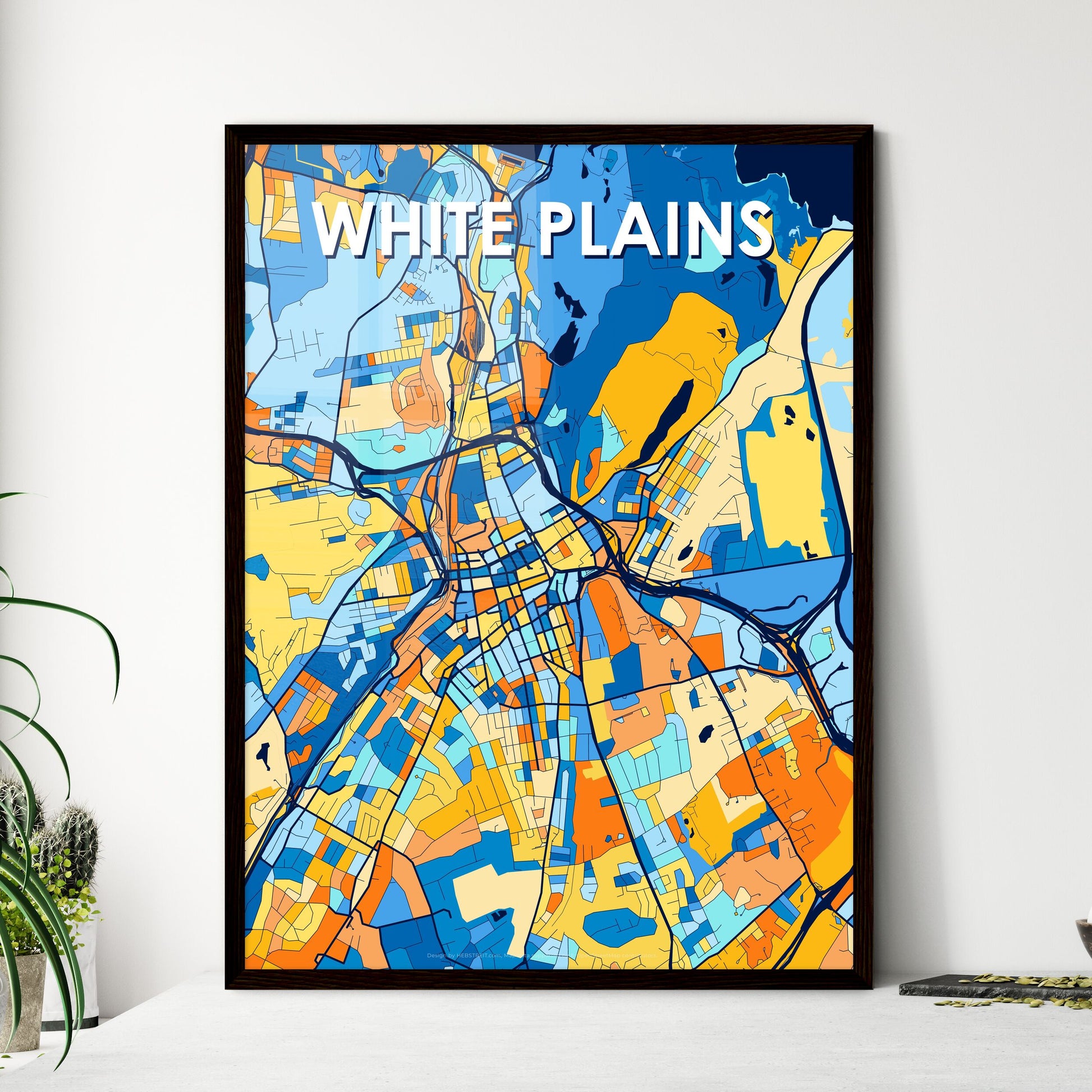 WHITE PLAINS NEW YORK Vibrant Colorful Art Map Poster Blue Orange