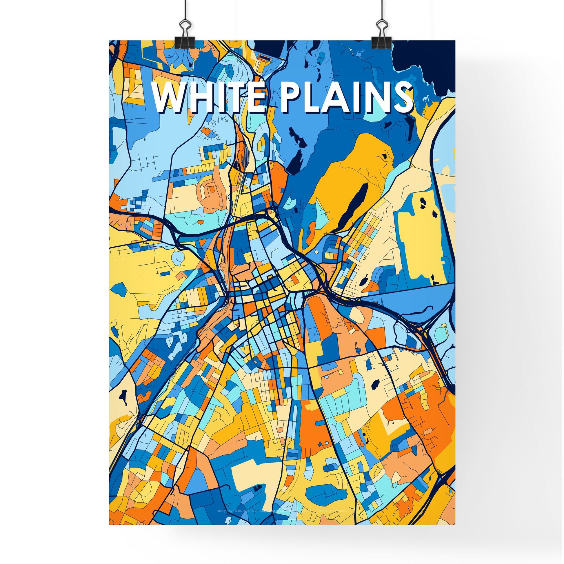 WHITE PLAINS NEW YORK Vibrant Colorful Art Map Poster Blue Orange